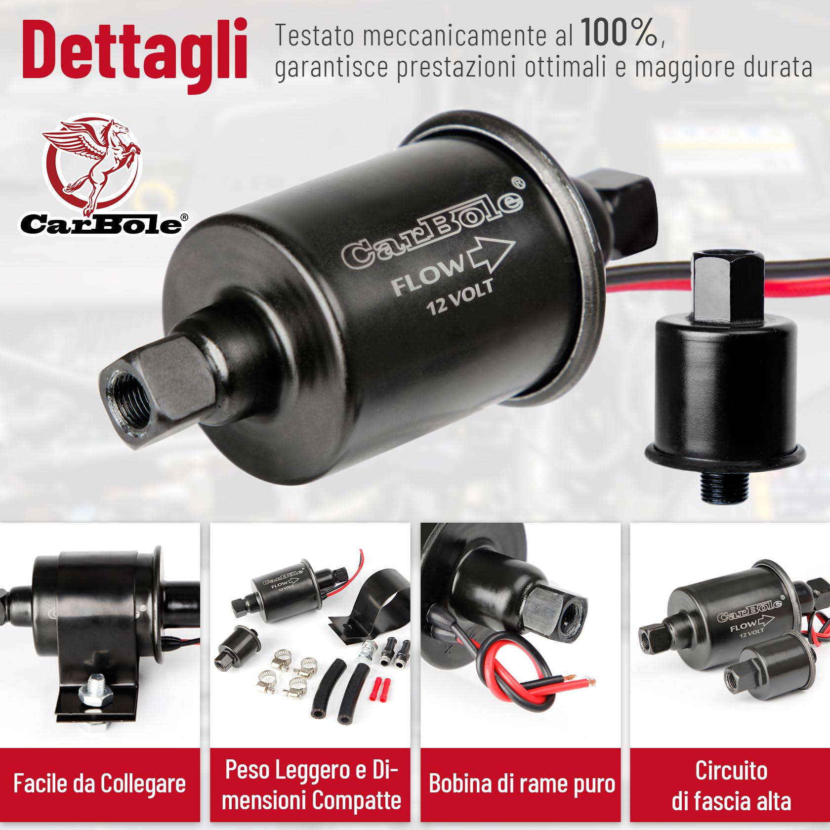 CarBole Pompa Carburante Elettrica 5-9 PSI,Pompa di Benzina Universale Adatta per Diesel e Benzina con Kit di Installazione,Filo di Rame Puro,Dimensioni di Ingresso e Uscita di 8mm,Nero