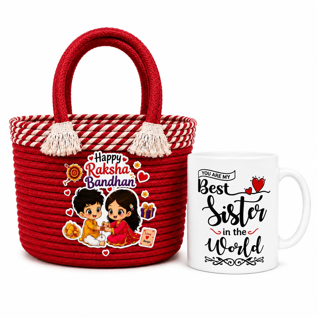 Raksha Bandhan Designer Basket for Sister | Rakhi Bag (Random Color) | Printed Ceramic Coffee Mug | Premium Keepsake Collection | Brother Sister Surprise | Traditional Combo | Festive Style-image-19