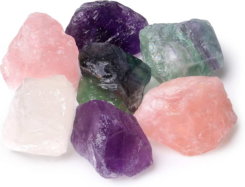 LAIDANLA 2" Rose Quartz Fluorite Amethyst Clear Quartz Set Natural Rough Stones Crystal Raw Crystals Bulk Healing Gemstones for Reiki Healing Tumbling Fountain Rocks 4PCS 0.55lb
