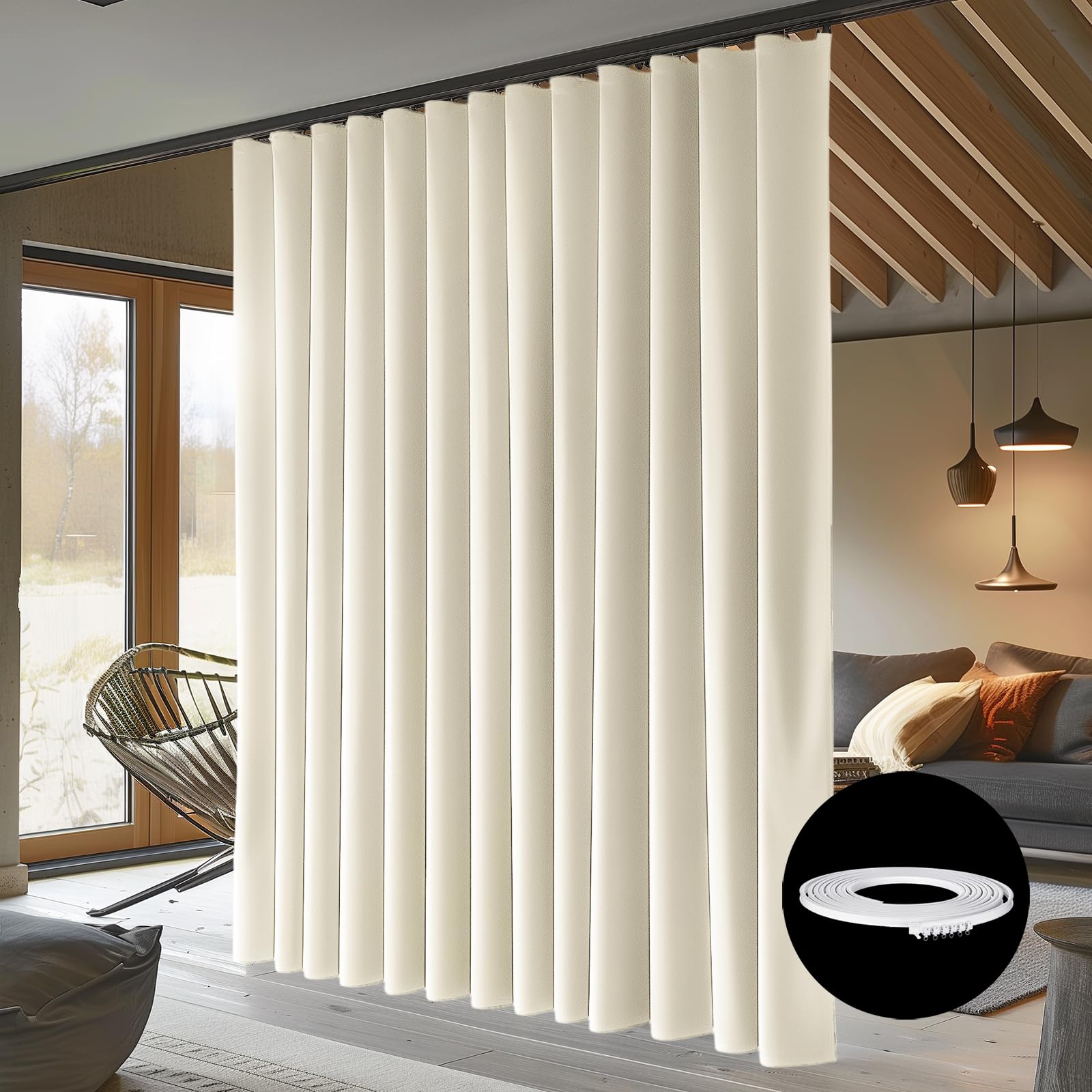 RoomDarkning Room Divider Curtains with Ceiling Track, 15 ft Wide x 9 ft Tall, Cream Beige, 1 Panel