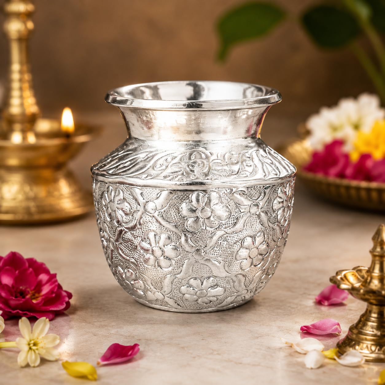 German Silver Kalash for Pooja 160 GMS Flower Kalasam | German Silver kalasam Chembu for Varalakshmi Puja | Traditional Puja Lota Varalakshmi Pooja Items-image-9