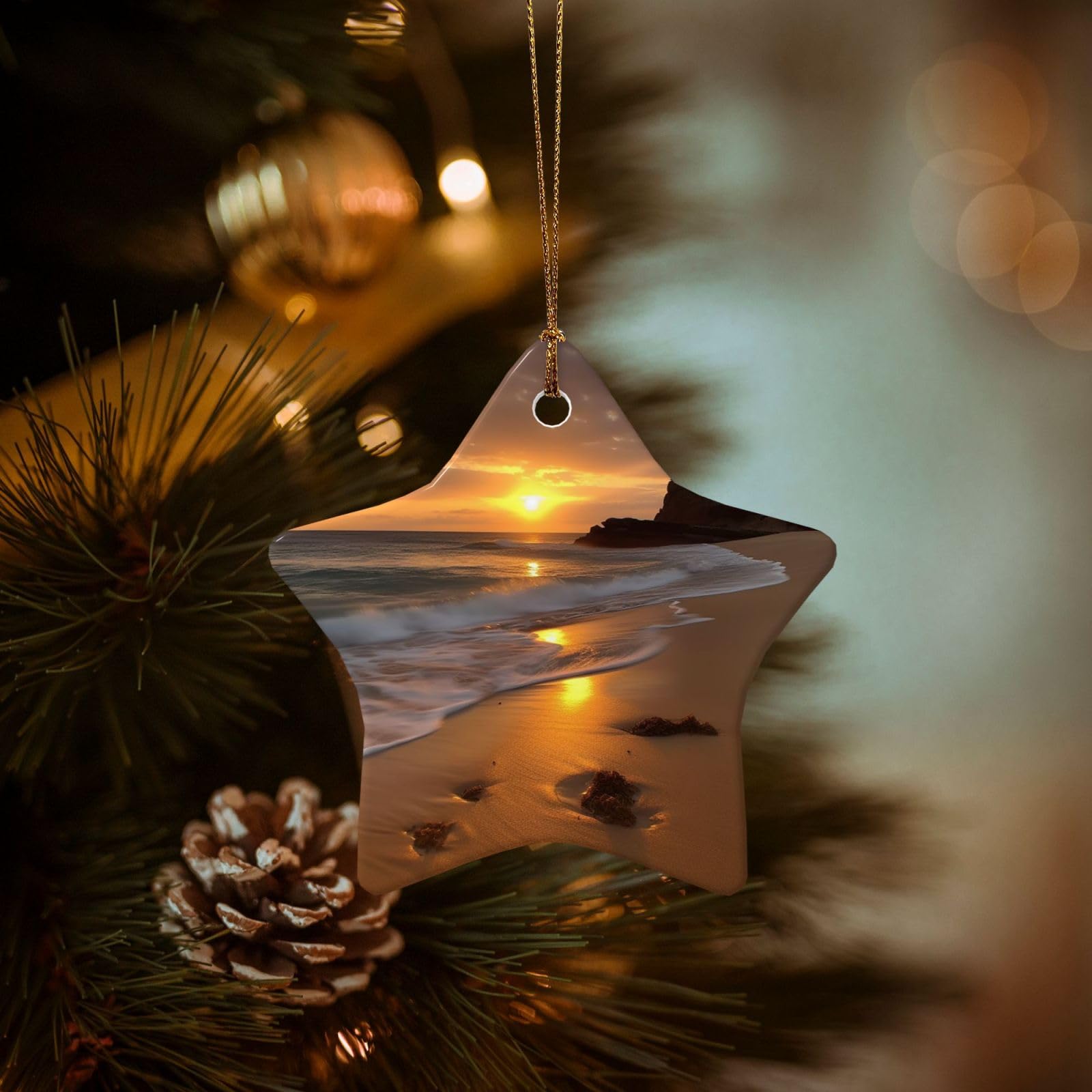 Christmas Ornaments for Christmas Tree Decoration Hanging Sunrise Beach Ornament with Gold Ribbon Crafts Star Shape Ceramic Pendant for Keepsake Gifts Xmas Decor Party Supplies