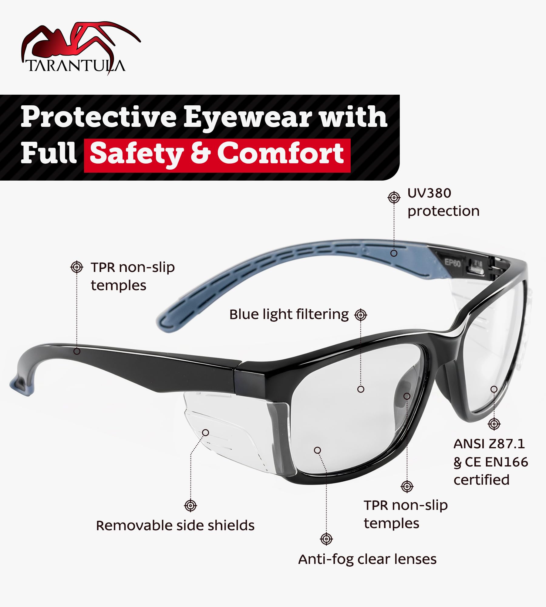 Tarantula Gafas de seguridad Z87 para hombres y mujeres, patillas TPR suaves, lentes transparentes antivaho, bloqueo de luz azul, protectores laterales extraíbles, gafas protectoras ligeras
