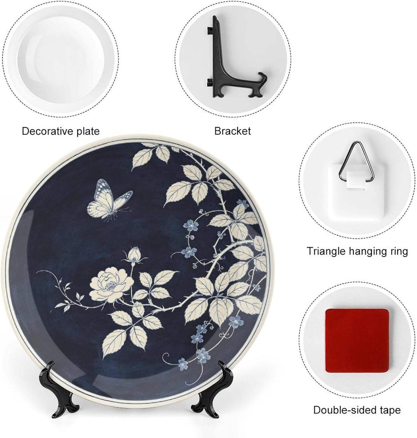 Blue White Porcelain Decor Plate, Plum Branches with Butterflies for Elegant Living Space Bone China Decorative Plate, 8inch Wall Art Home Decor
