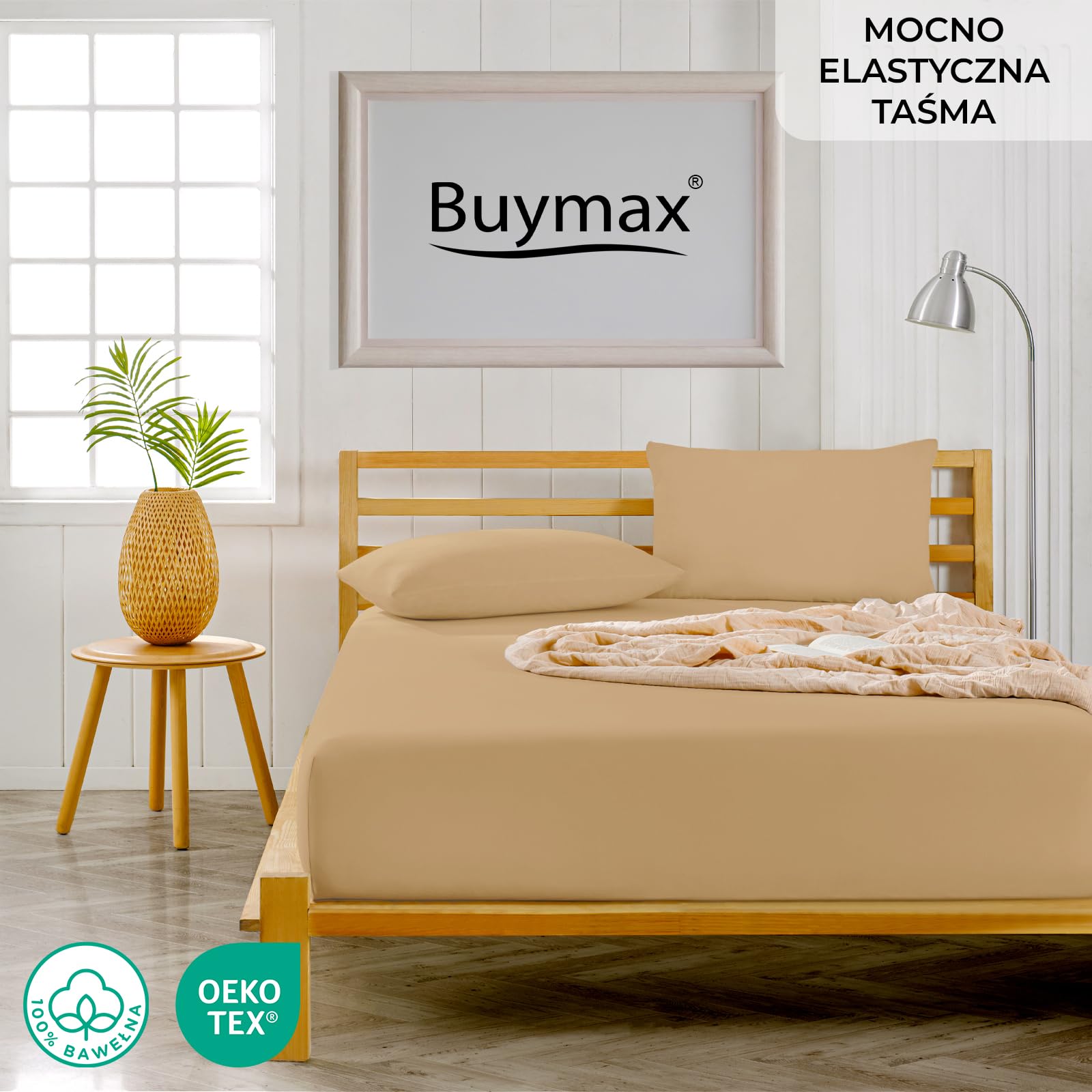 Buymax® Prześcieradło z gumką 90x200 cm – 100% bawełna jersey, na materac do 30 cm wysokości, kolor piaskowy