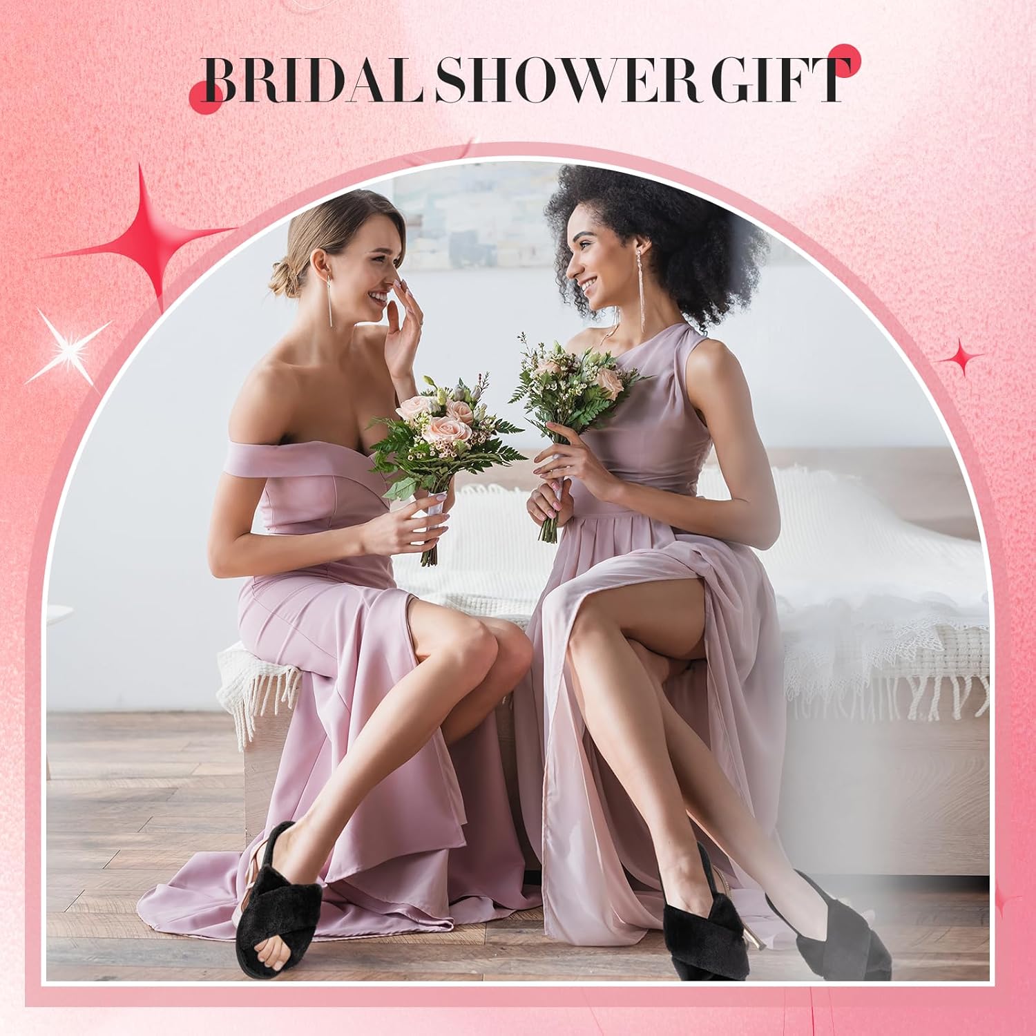 Newcotte 2 Pairs Women's Fuzzy Slippers Cross Band Fluffy Plush Cozy Open Toe House Slippers for Bridesmaid Indoor Outdoor - Image 6