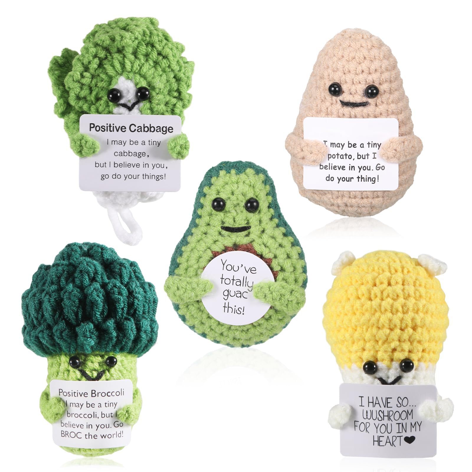 iewrtcin 5 Pcs Funny Positive Fruit Knitted Doll, Wool Plush Good Luck with Affirmation Cards, Crochet Emotional Support Gift for Birthday Mental Health Gifts