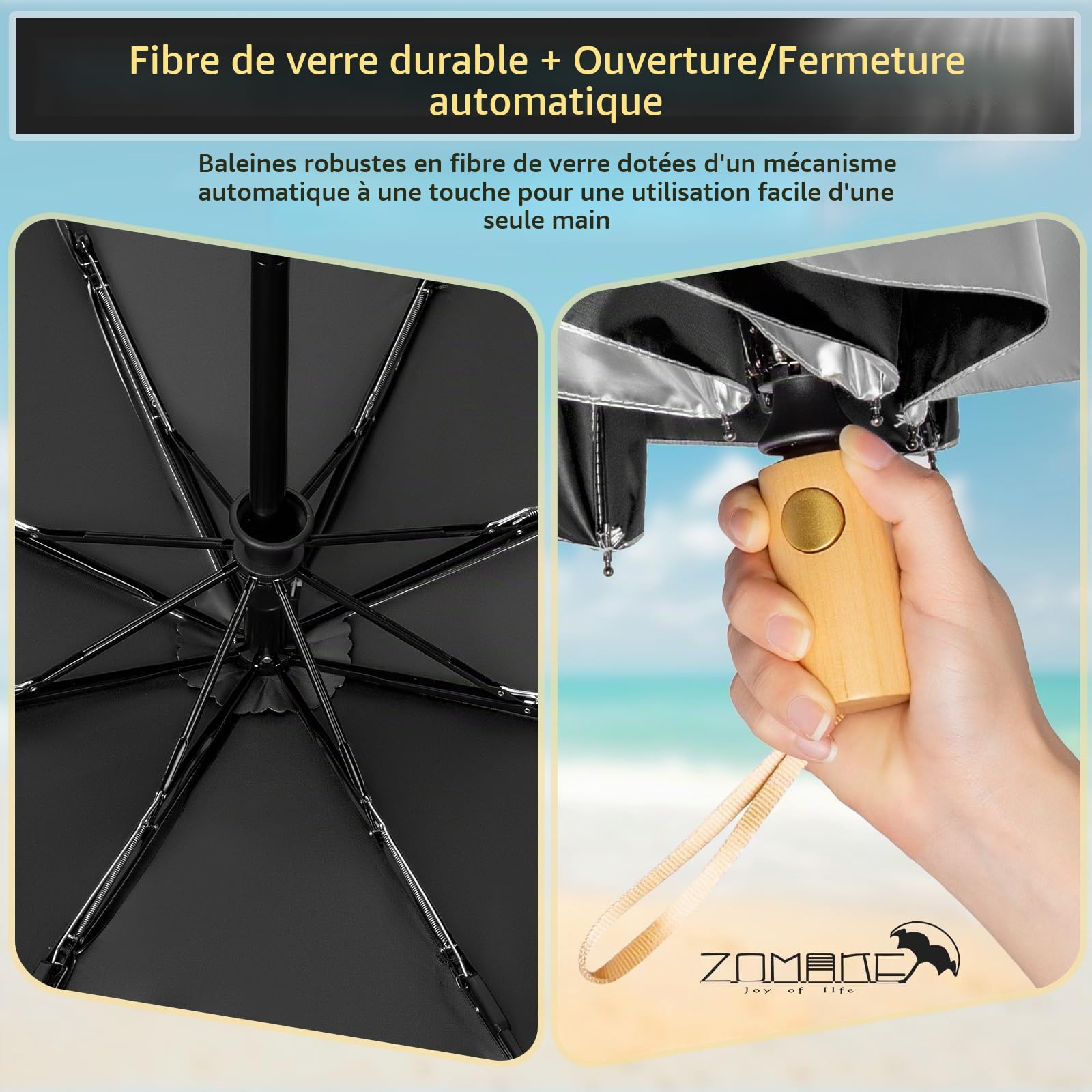 ZOMAKE Grand Parapluie Pliant Anti UV,Parapluies Compact Solide Anti TempêTe,Ombrelle Soleil Automatique Avec Poignée en Bois pour Homme Femme