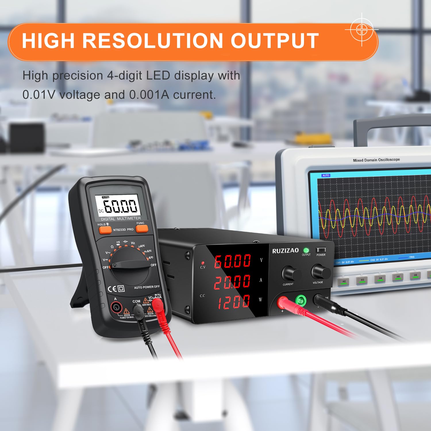 Alimentatore da Banco 60V 20A 1200W Alta Potenza Alimentatore da Laboratorio Regolabile con OUTPUT/Encoder, Professionale Alimentatore DC con Display a LED a 4 Cifre e Uscita Stabile