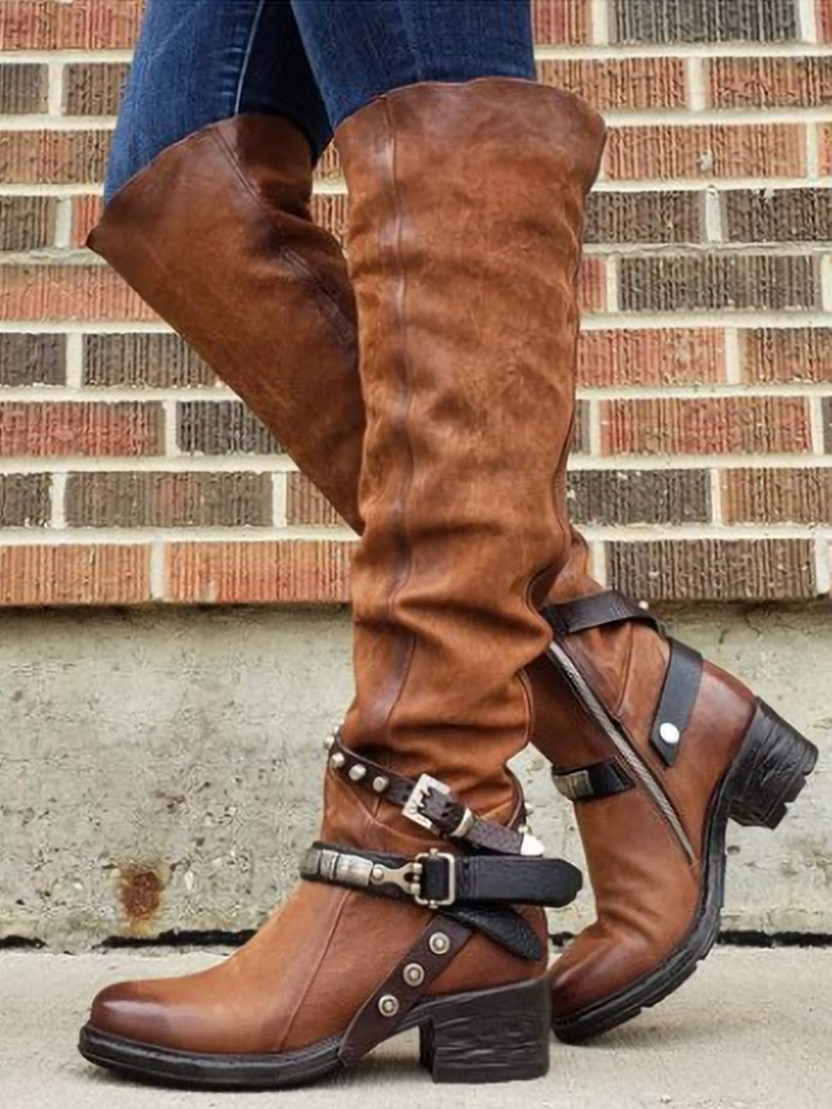 Minetom Damen Hohe Stiefel Winter Schuhe mit Absatz Kunstleder Schnalle Langschaft Overknee Stiefel Kniehohe High Heels Lang Boots