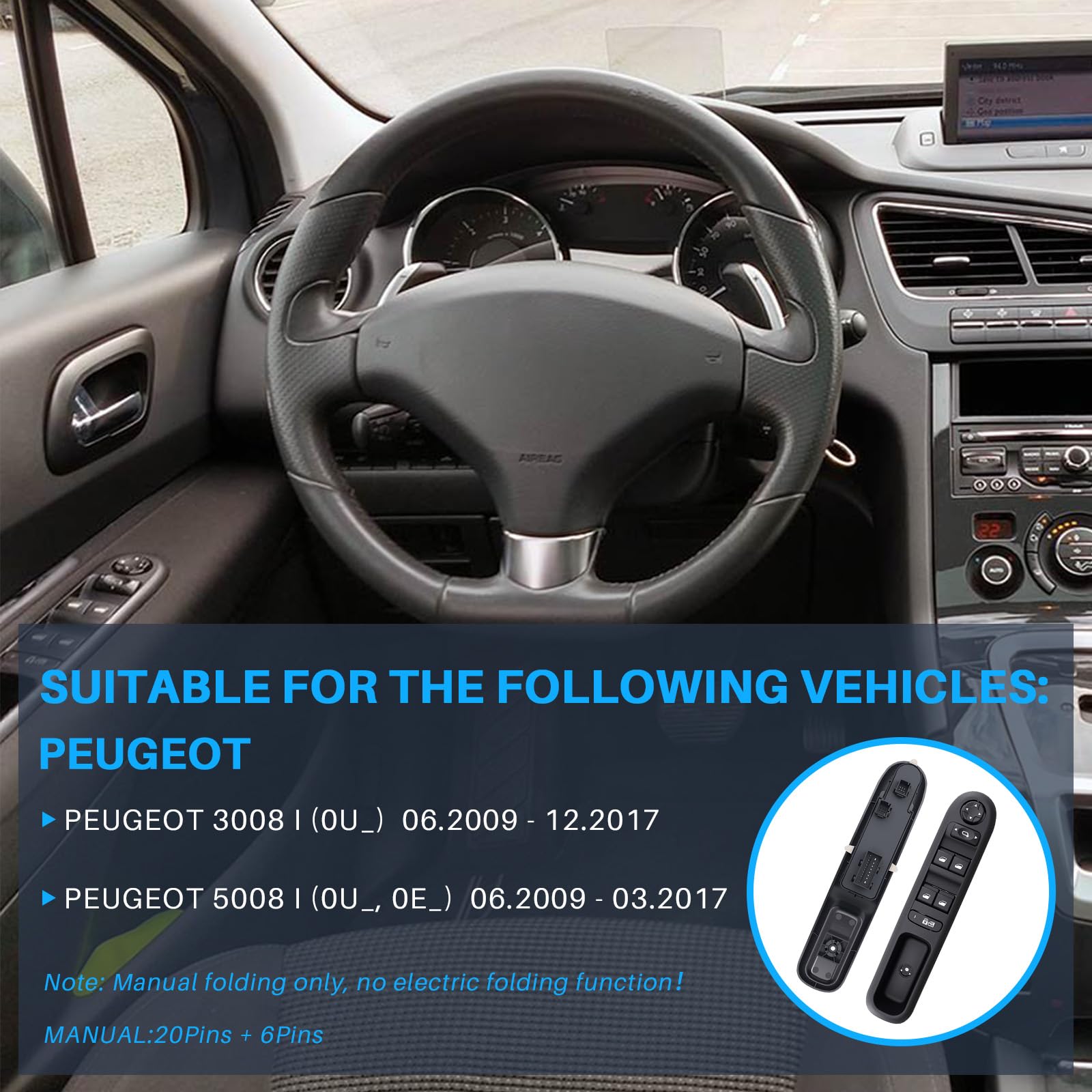 Bouton de commande de lève-vitre électrique pour voiture avant gauche compatible avec les modèles 3008 5008 Break 2009-2015 remplace les références 6490X5 6490.X5 96650621ZD 96650620ZD manuel