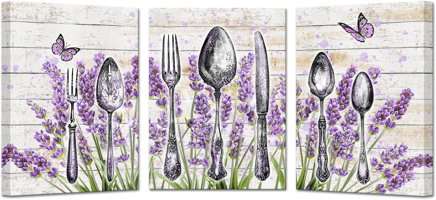 3 Pieces Set Kitchen Picture Wall Art Vintage Kitchenware Wood Spoons Fork with Purple Lavender Flowers Giclee Canvas Print for Dining Room Restaurant Decoration Each Size 12x16inch (Small)