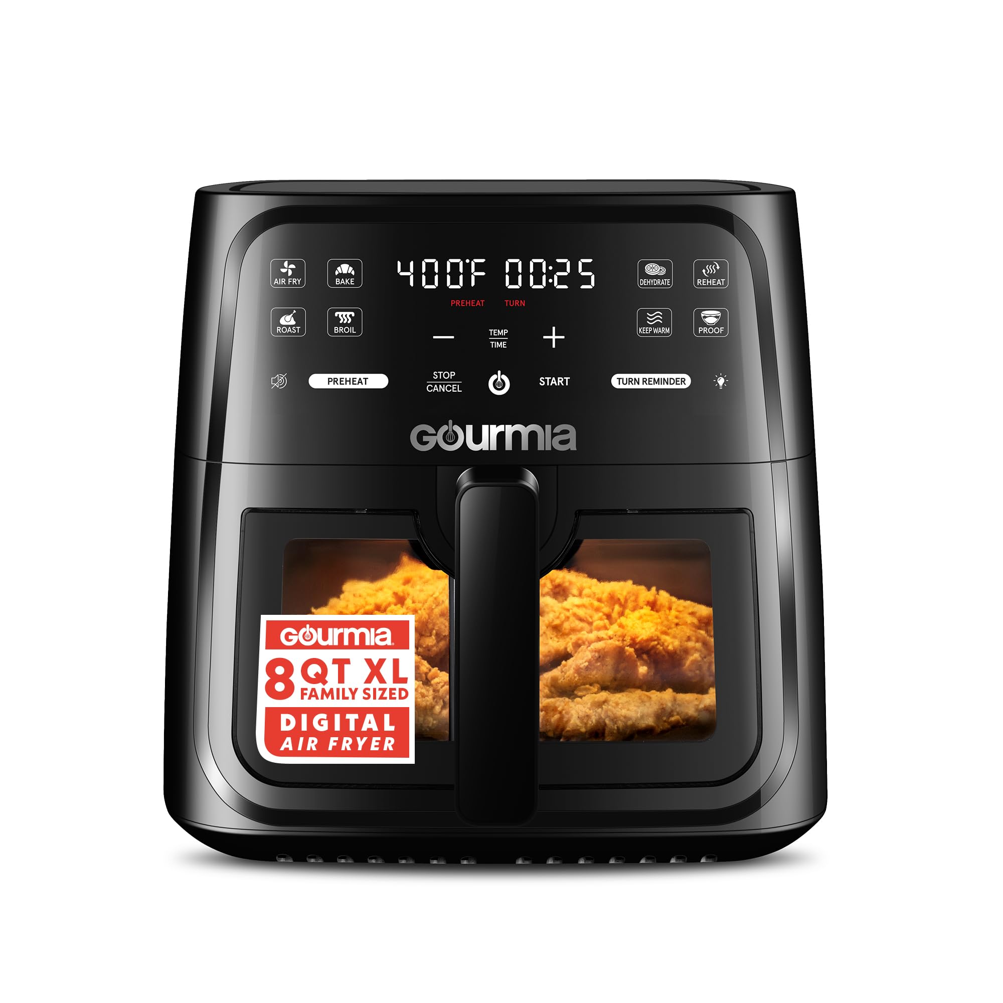 Gourmia 8 Qt Air Fryer, 8 Presets with Digital Display, FryForce 360° Technology, Easy View Window & Interior Light, Dishwasher Safe Basket, Black