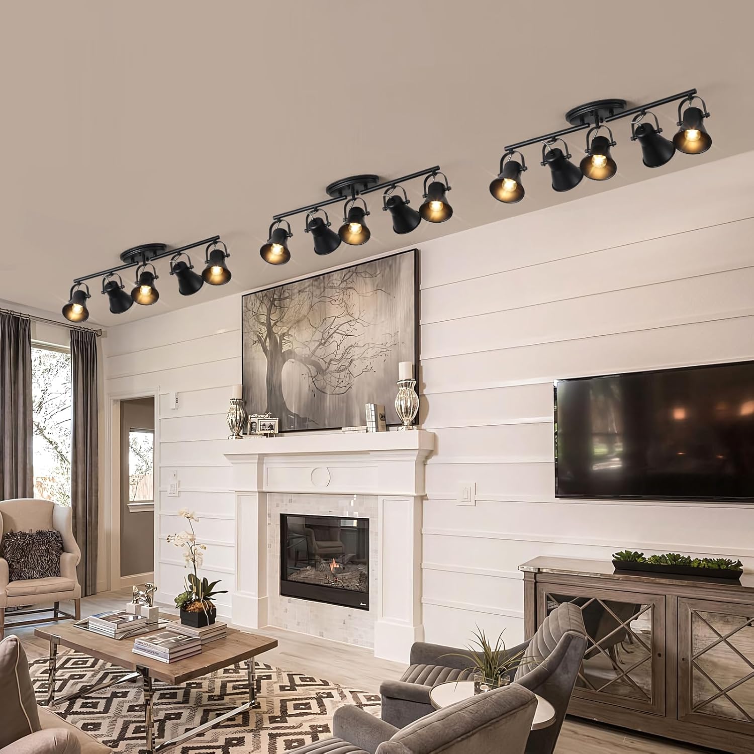 SEEBLEN 5-Light Track Lighting Kit, Directional Ceiling Light, Industrial Black Kitchen Track Lighting Fixtures Ceiling for Kitchen, Living Room, Dining Room, Hallway.