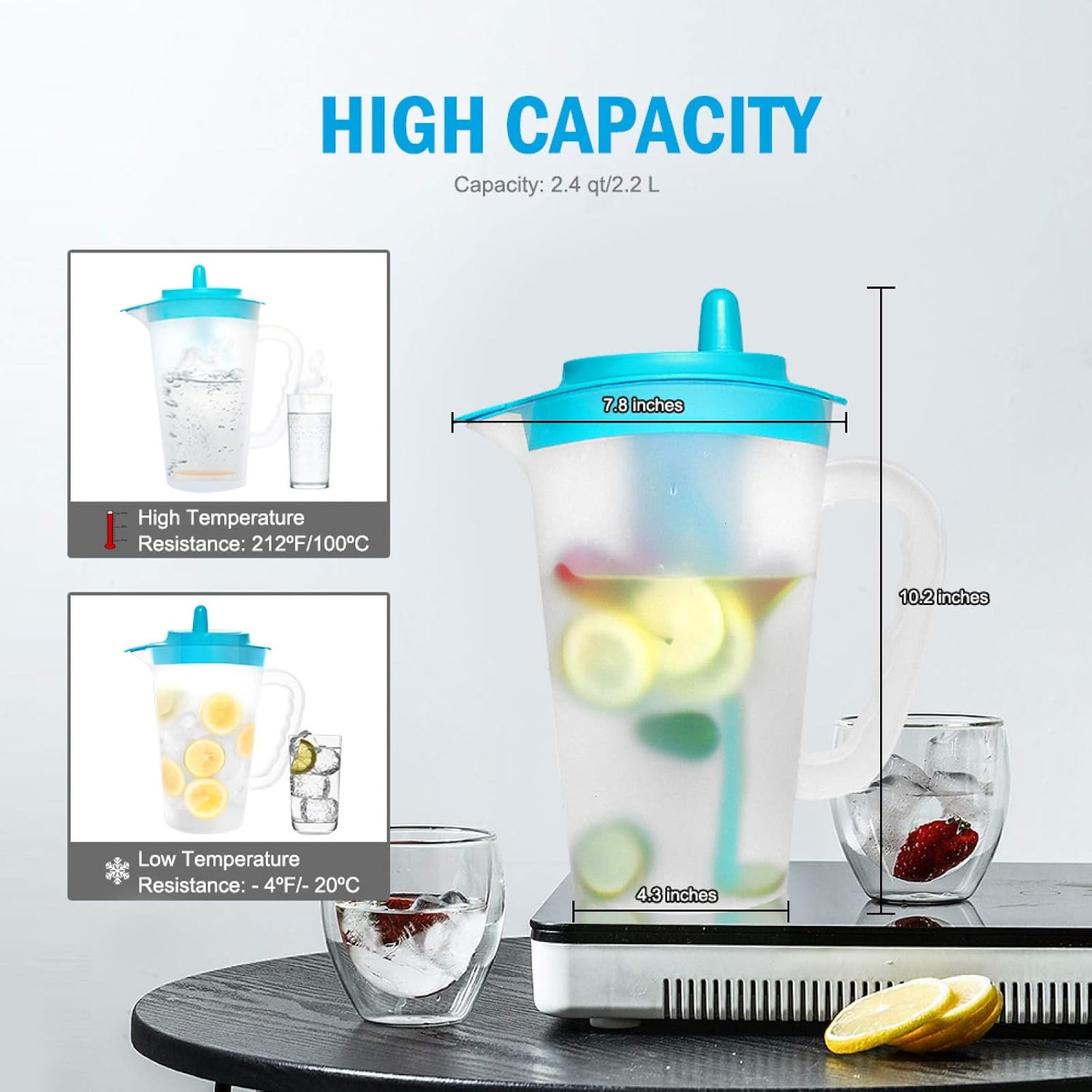 COYMOS Mixing Pitcher 2.4 qt Large Plastic Pitcher with Lid Iced Tea Pitcher for Fridge, Translucent, Great for Lemon Juice, Ice Tea, Fruit Tea, Gift for Chef