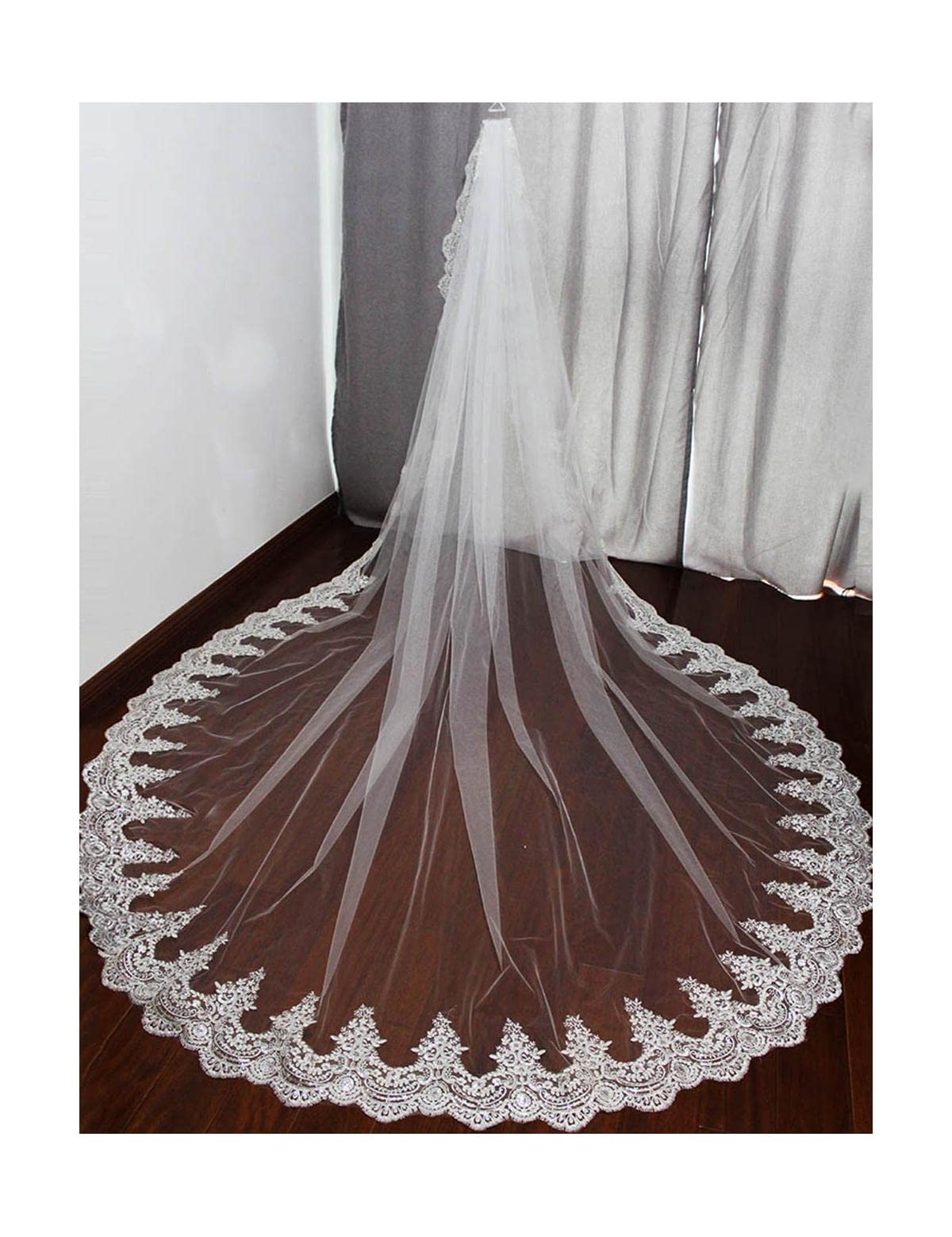 Bridal Veil Sequins Lace Cathedral Wedding Veil Comb 3 Meters Long 1 Layer White Ivory Bridal Veil Wedding Accessories (W 300 cm)