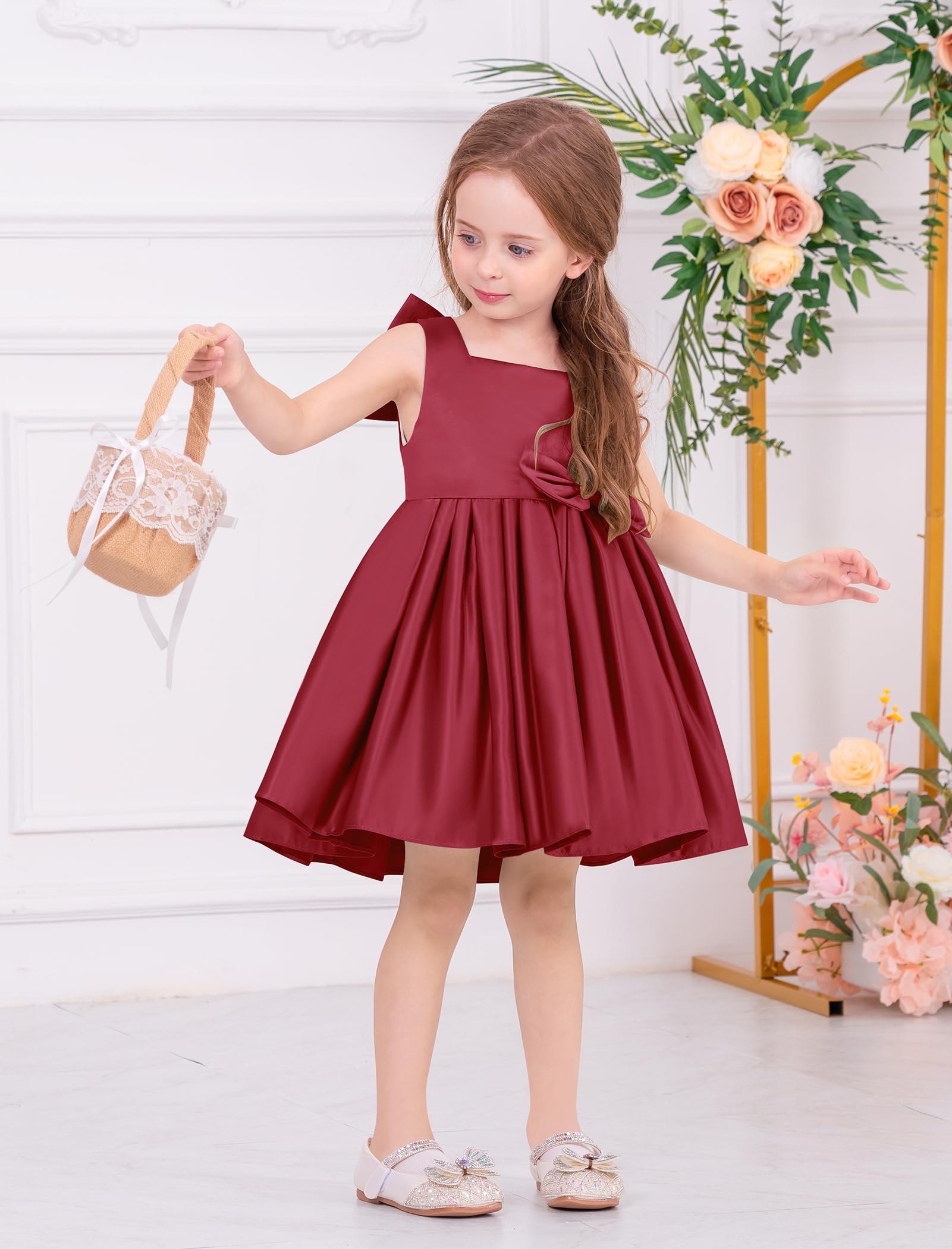 OBEEII Infant Baby Girls Bowknot Pageant Dress Toddler Christening Princess Birthday Wedding Prom Tutu Dress Formal Satin Flower Girl Dress Cute Baptism Photoshoot Outfit Wine red 6-7 Years