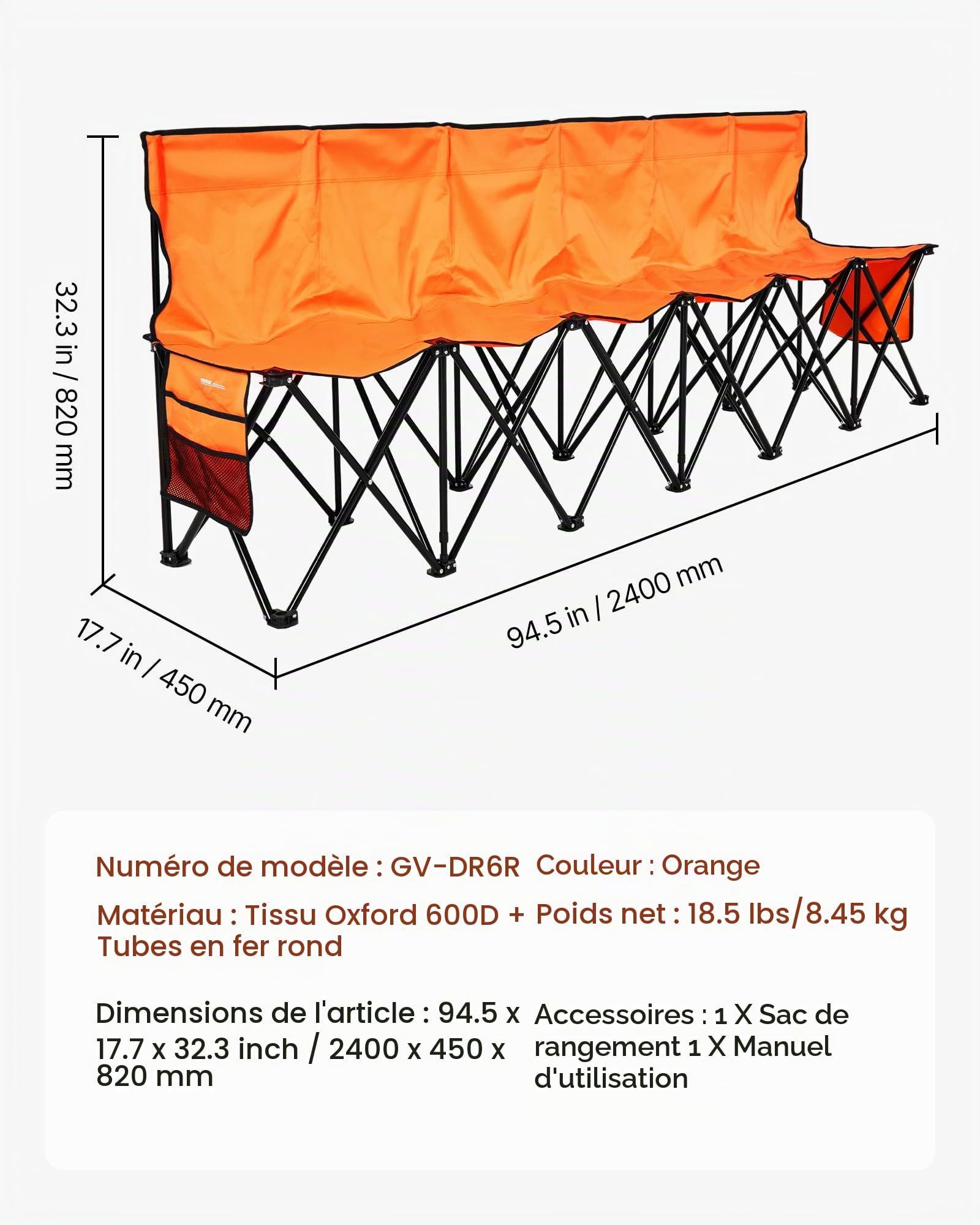 VEVOR Banc pliant portable à 6 places, banc de camping pliable avec poches de rangement et sac de transport, siège latéral léger avec dossier pour football, baseball et événements en plein air, orange