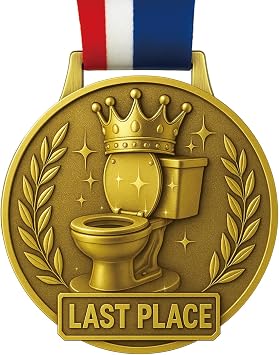 Last Place Award Medal 3 Inch Funny Gag Trophy with Ribbon Loser Prize for Parties, Fantasy Leagues, Office Games & White Elephant Gifts