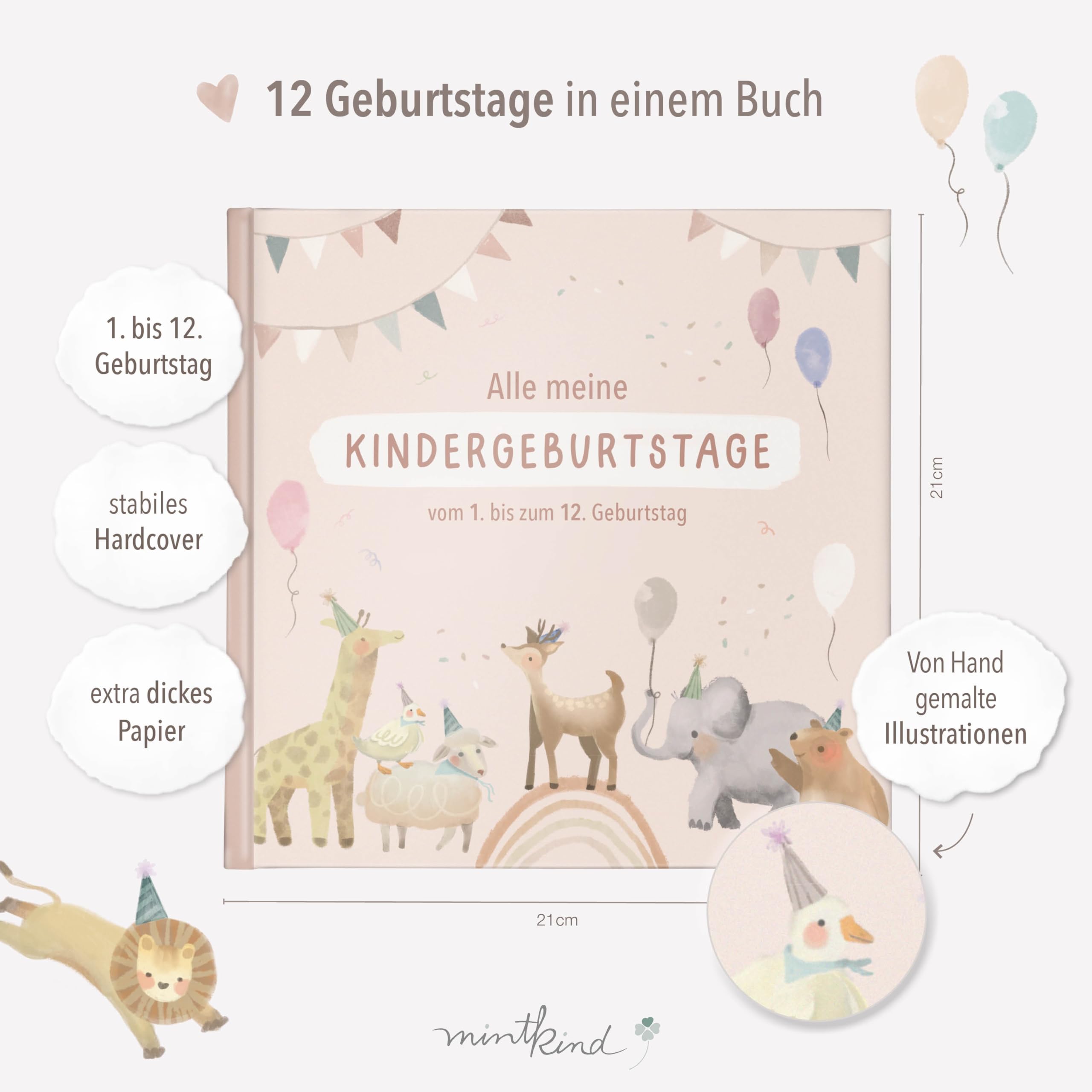 Mintkind Fotoalbum Kinder Rosa – Erinnerungsbuch Kindergeburtstag mit Ausfüllseiten – Erinnerungsalbum 1 bis 12 Jahre – Geschenk zur Geburt für Jungen & Mädchen