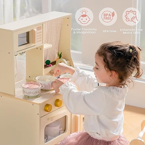 Vista 6 de ROBOTIME - Juego de ollas y sartenes de juguete para niños – 9 piezas de accesorios de cocina de juguete con utensilios de cocina de metal y bolsa