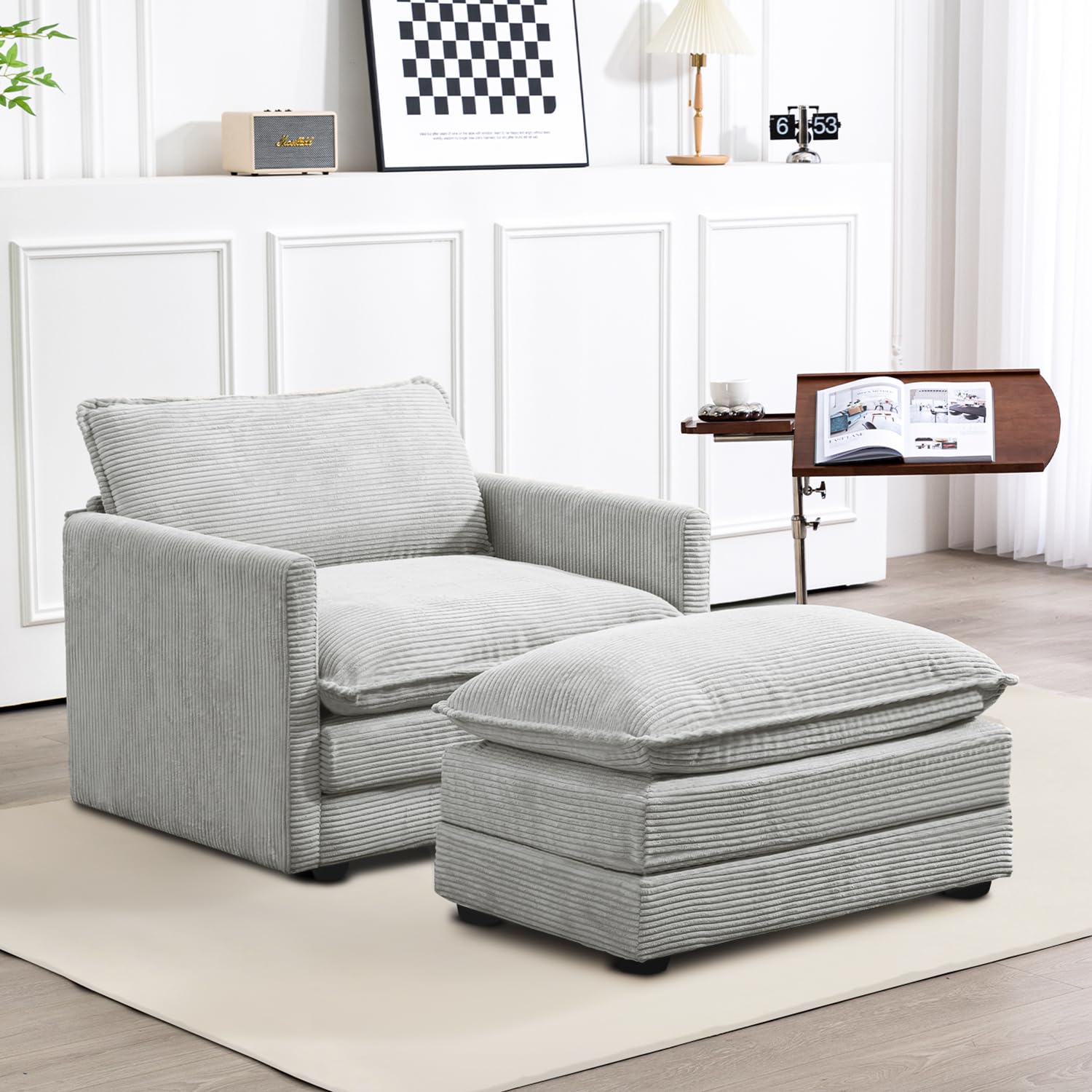 ROWHY Single Armchair with Ottoman, Modern Corduroy Cloud Couch with Convertible Chaise, Upholstered Sofa Set for Living Room, Light Grey