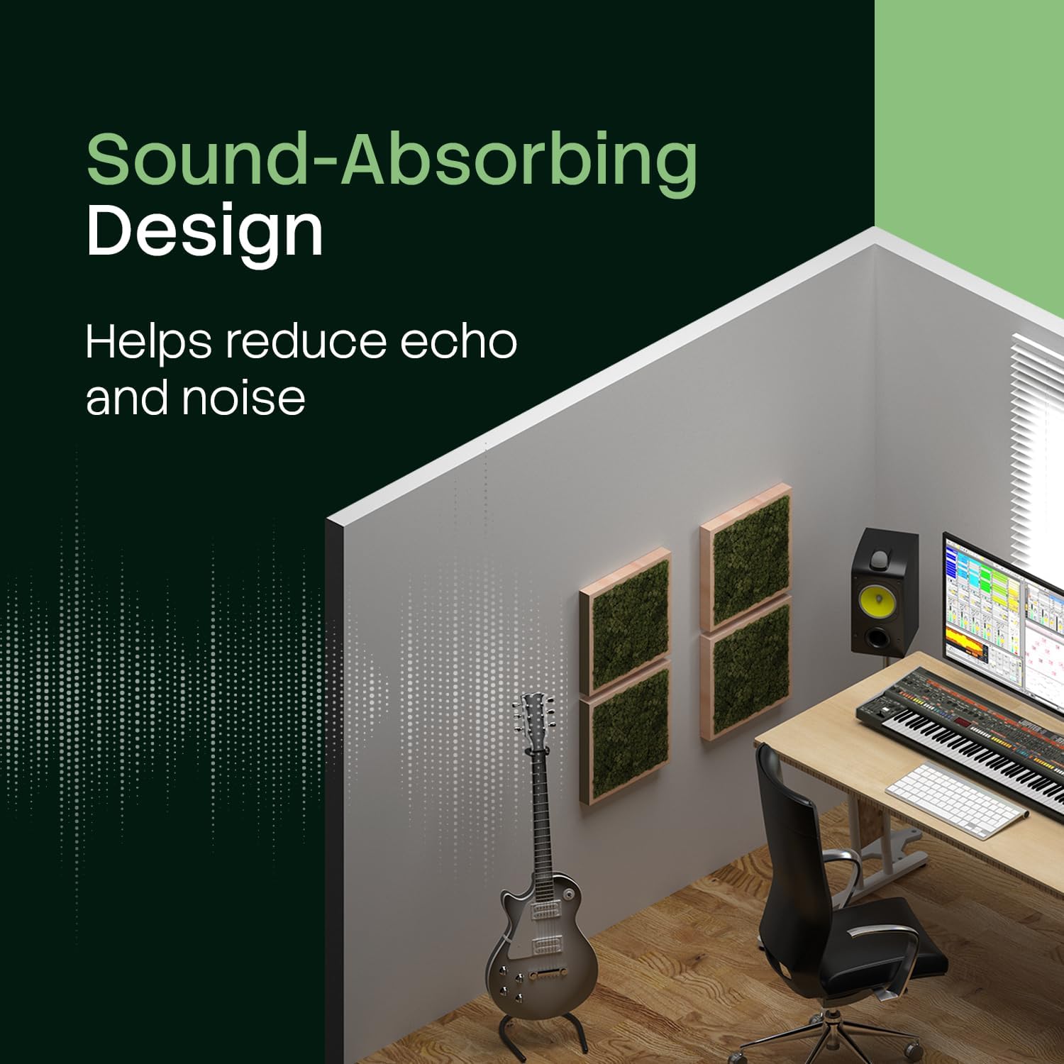 Acoustic Panels 13"X13" FRAMO Moss Green(White Color Frame) Valuable Nature Interior Vibration Generator, Effectively Control, Recording Room AV Room Cinema Interior - Nature in the Frame