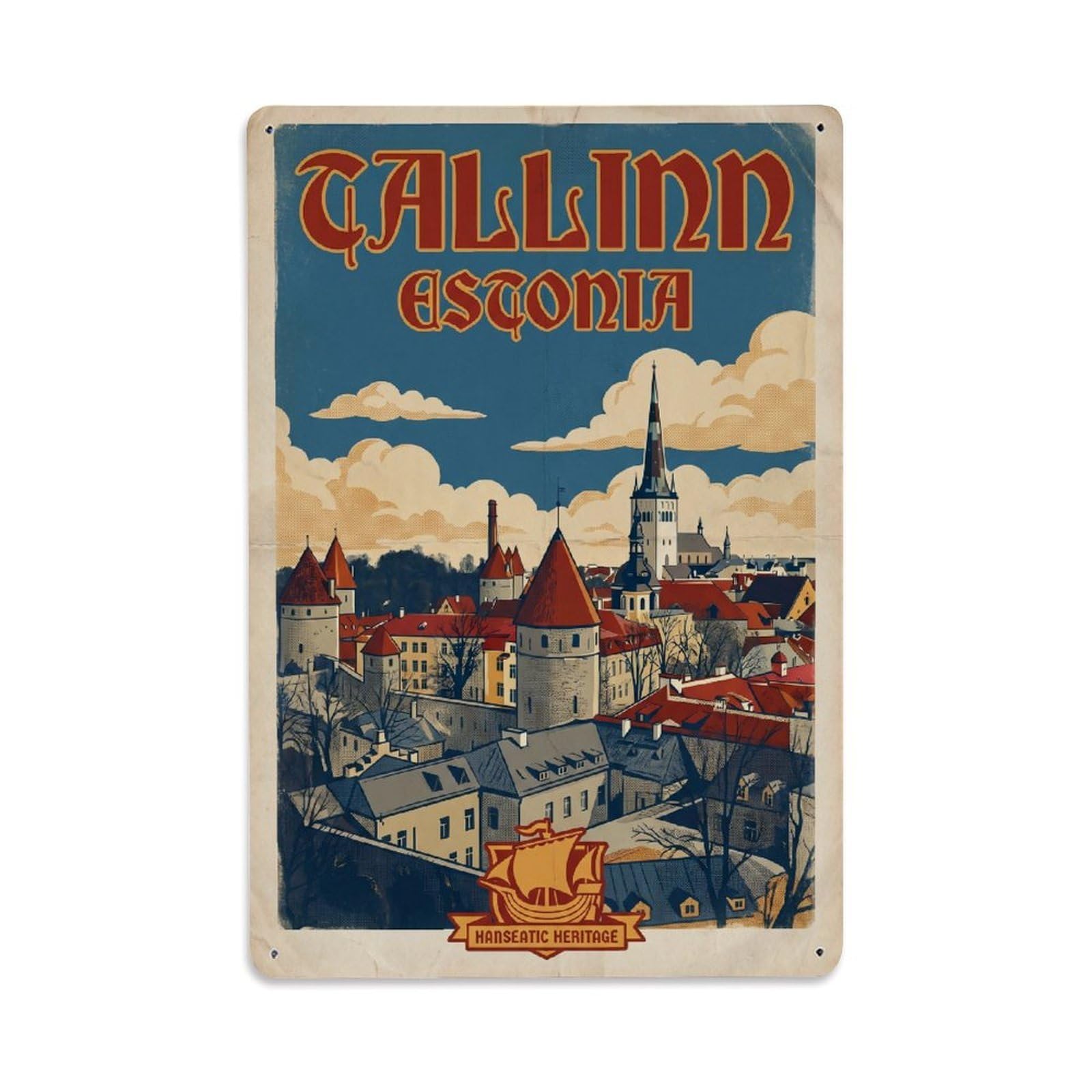 Vintage Travel Estonia Tallinn Metal Tin Sign Plaque Wall Decor for Cafe, Club Bar, Office, Garden Metal Poster 8x12Inch