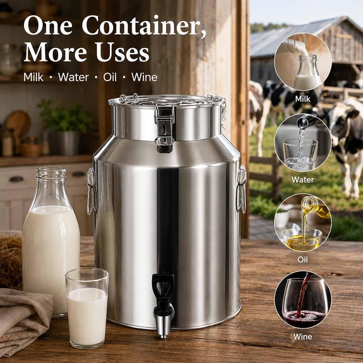 Jarra De Leche Acero Inoxidable 304 Recipiente Lácteo Cántara De Alimentos | Cubo Hermético Con Tapa A Prueba De Fugas Asas Soldadas Para Guardar Harina Queso Ghee Sólidos(Without faucet,58L)