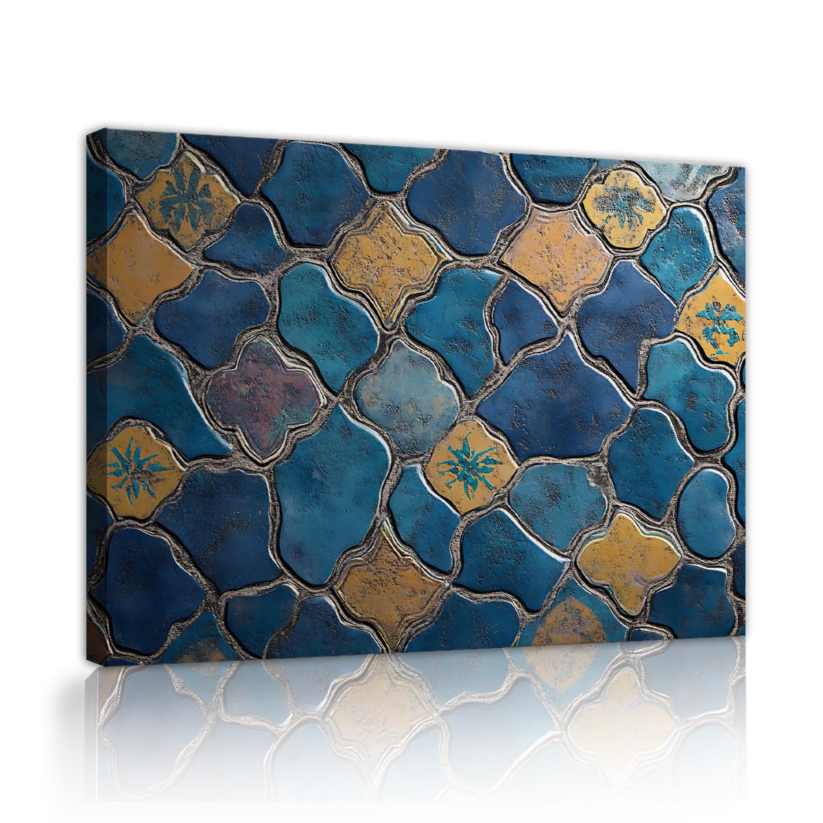 TOANGWALL Vintage Moroccan Mosaic Ceramic Canvas Wall Art Meeting Room Blue Gold Tiles Texture Art Prints for Office Studio Decor 65x80cm