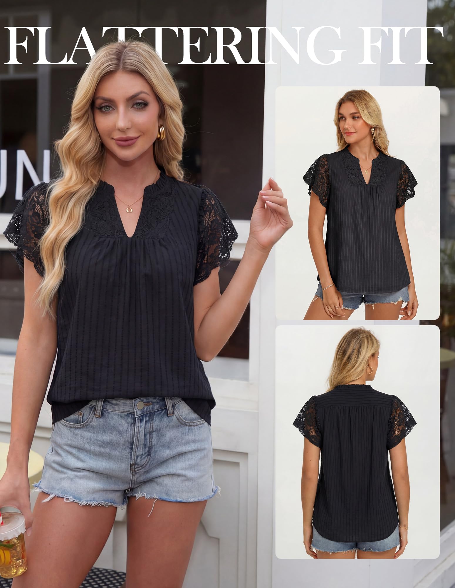 GRACE KARIN Camicia da donna in pizzo di cotone, elegante Henley con scollo a V, a maniche corte