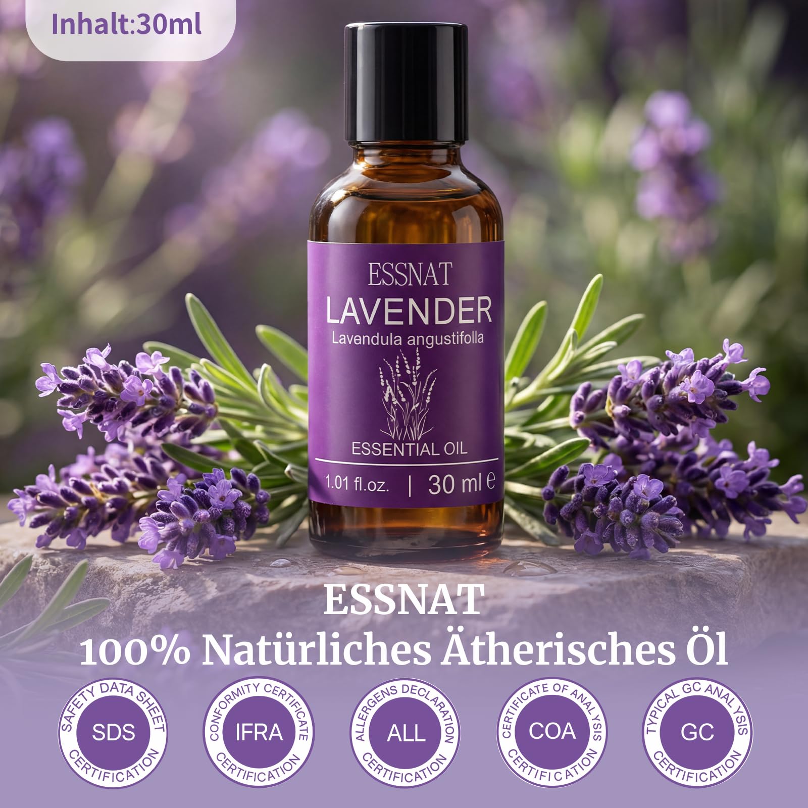 Olio Essenziale Lavanda 30 ml – olio essenziale di lavanda 100% naturale, da Lavandula angustifolia, ideale per aromaterapia, diffusore di oli essenziali, massaggi e progetti fai da te