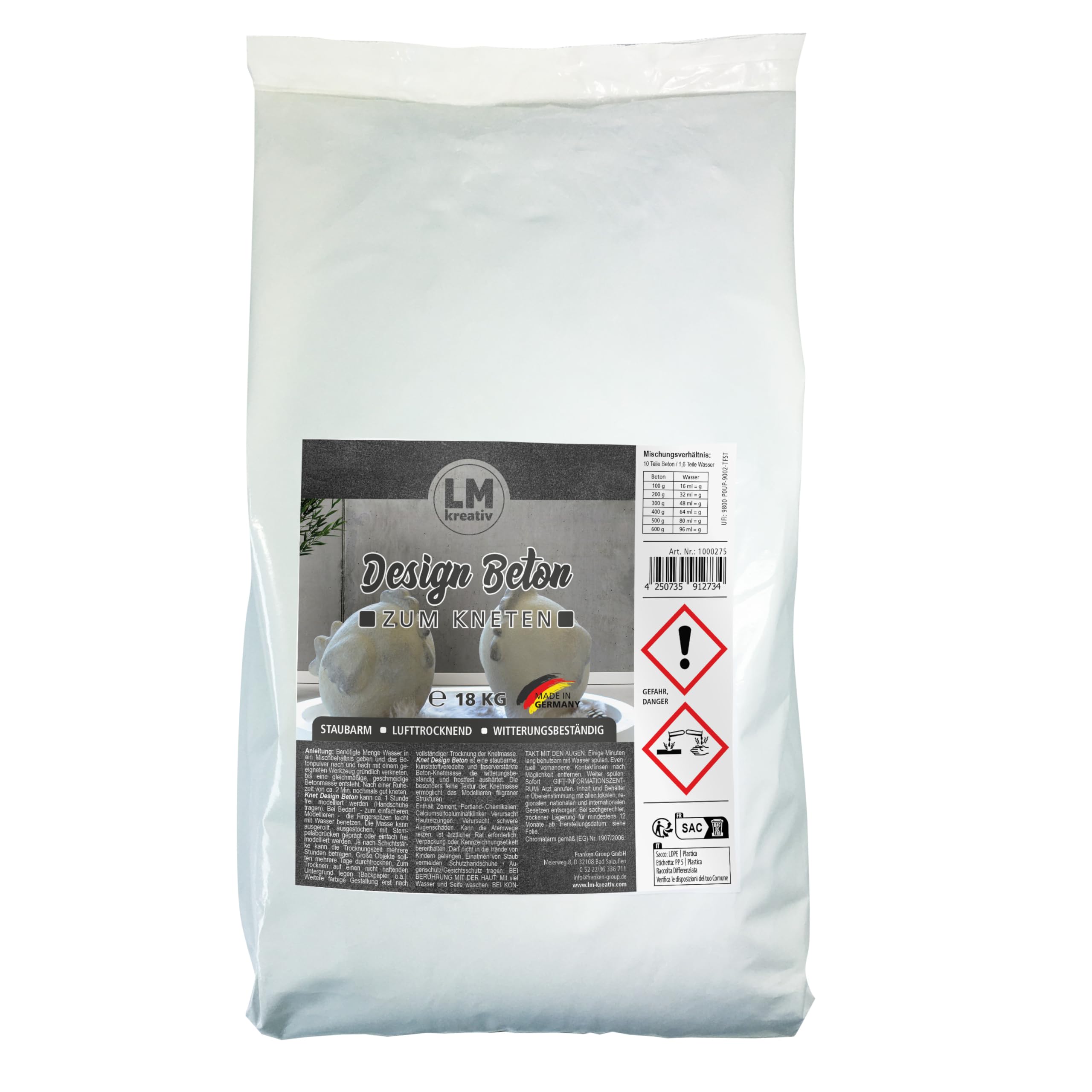 Knet Design Beton (18 kg) Knetbeton Kreativbeton Beton für Kreative, Bastelbeton,Beton zum Basteln, Beton zum modellieren, Schmuckbeton, Kreativ Beton