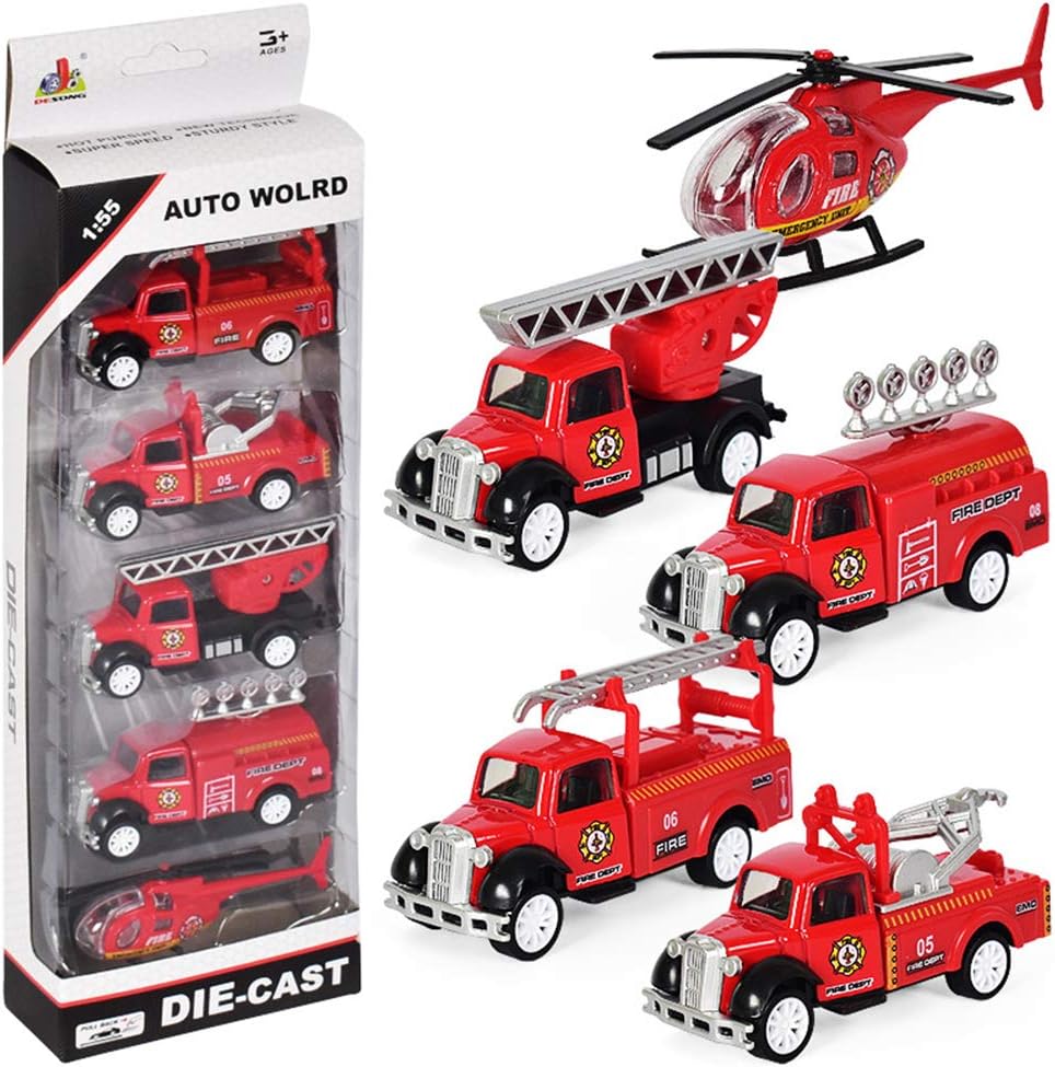 Pull Back and Go Fire Engine Truck Friction Mini Vehicles Car Toy for 3 year old, 5pcs Set