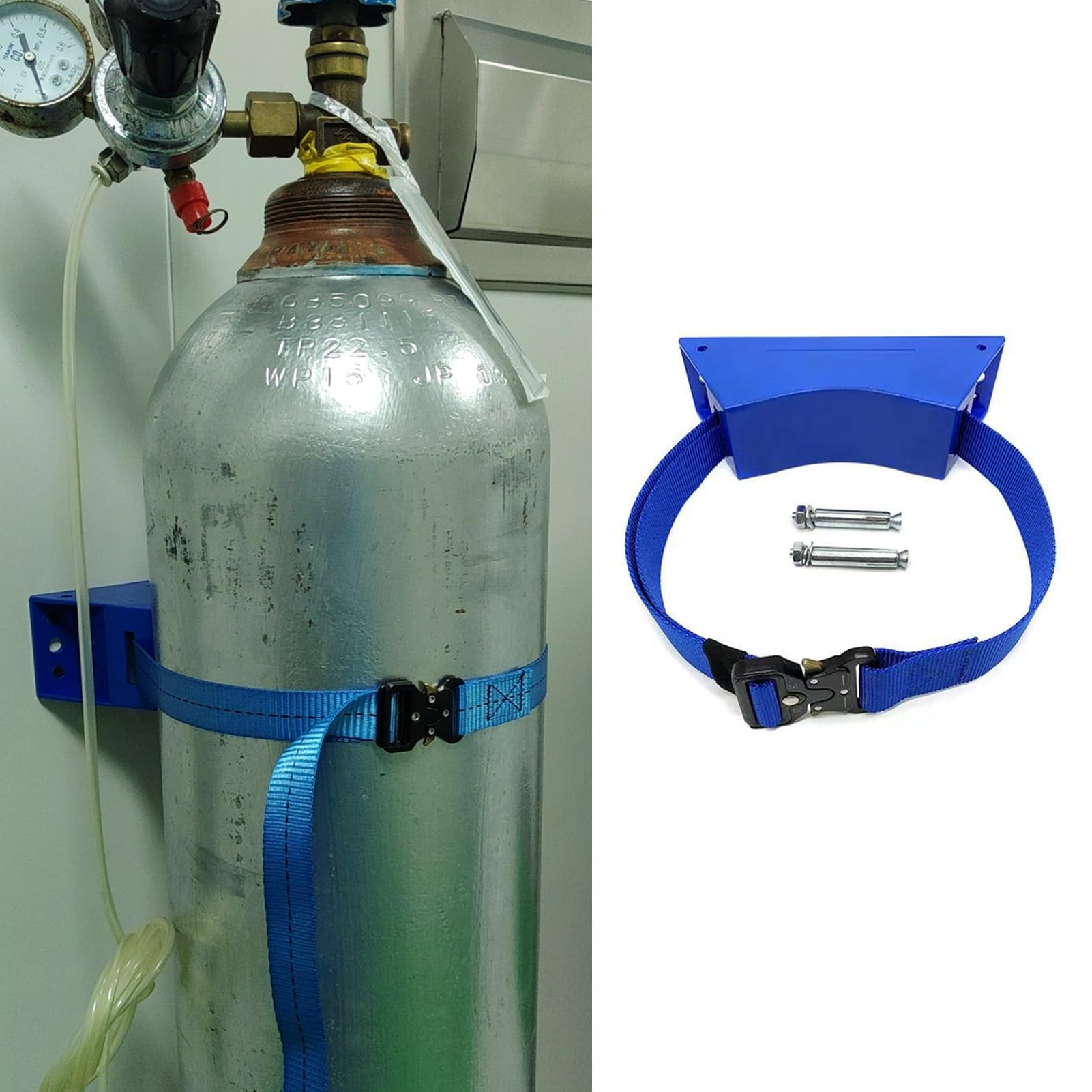 Regulowany uchwyt ścienny Oxyk z łańcuchem bezpieczeństwa, plastikowy stojak cylindryczny, przenośny stojak Oxyn do użytku fabrycznego, zawiera 2 śruby rozporowe (niebieski)