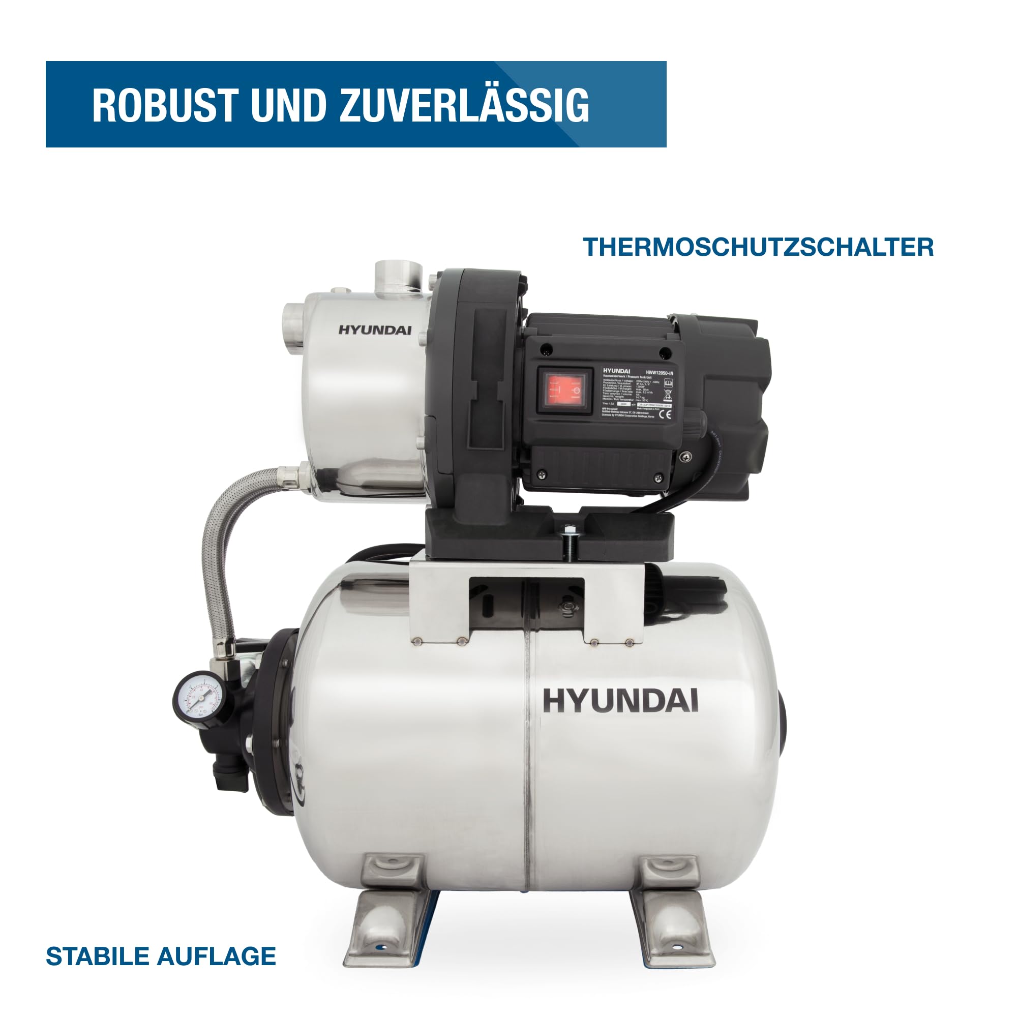 HYUNDAI Hauswasserwerk HWW12050-IN | 1200 W, 19 L INOX-Kessel | Fördermenge 5.000 l/h, Förderhöhe: max. 50 m | autom. Druckschalter, Edelstahl-Pumpengehäuse