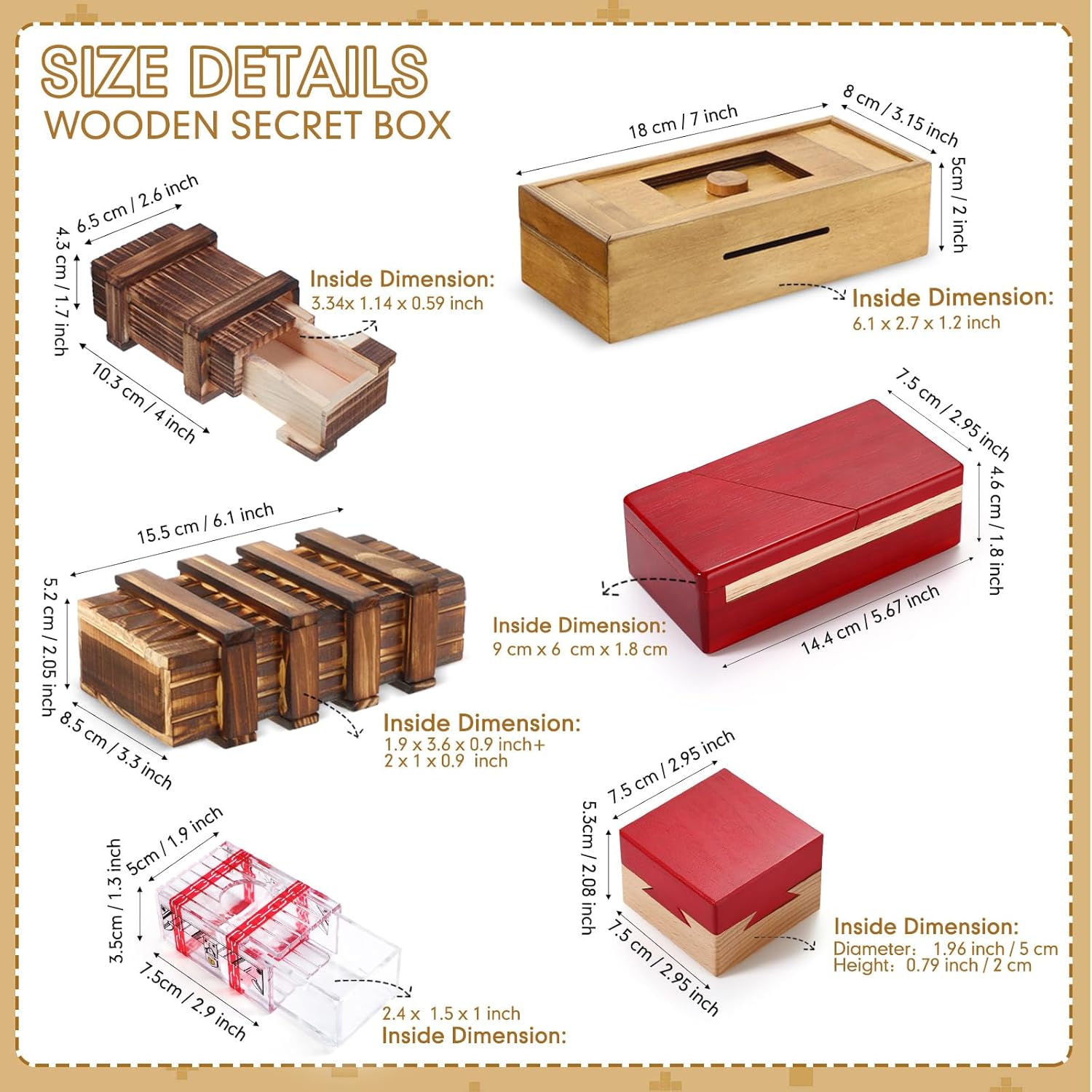 Liliful 6 Set Wooden Puzzle Box with Hidden Compartment Money Secret 3D Puzzle Brainteaser Box Wood Brain Teaser Difficult Gift Brainteaser Game for Christmas Cash