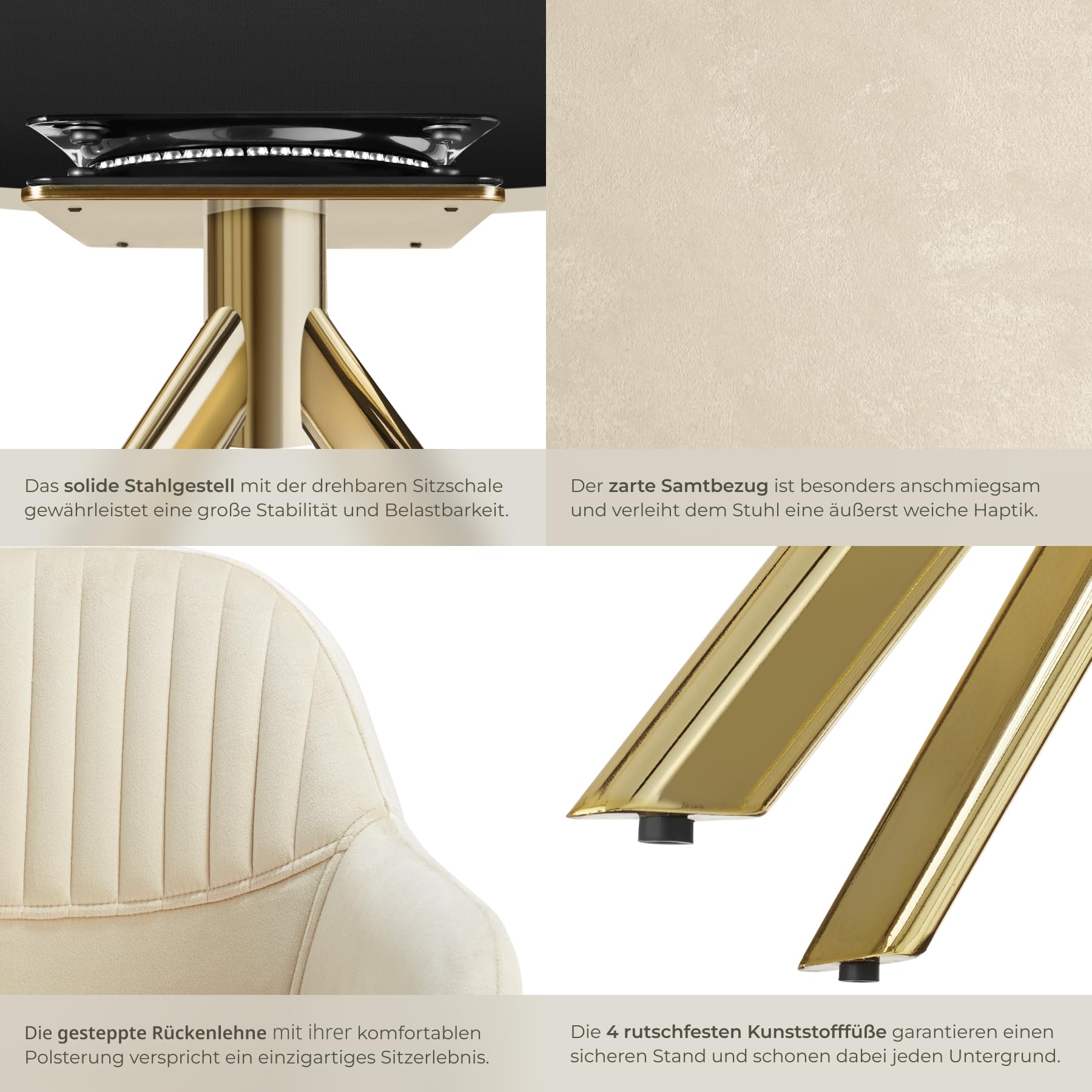 tectake® Esszimmerstuhl drehbar, Armlehnstuhl drehbar, ergonomischer Stuhl Samt, Stühle für Esszimmer, Möbel für Wohnzimmer, Arbeitszimmer, Esstisch, Schminktisch - 2er Set - Creme/Gold