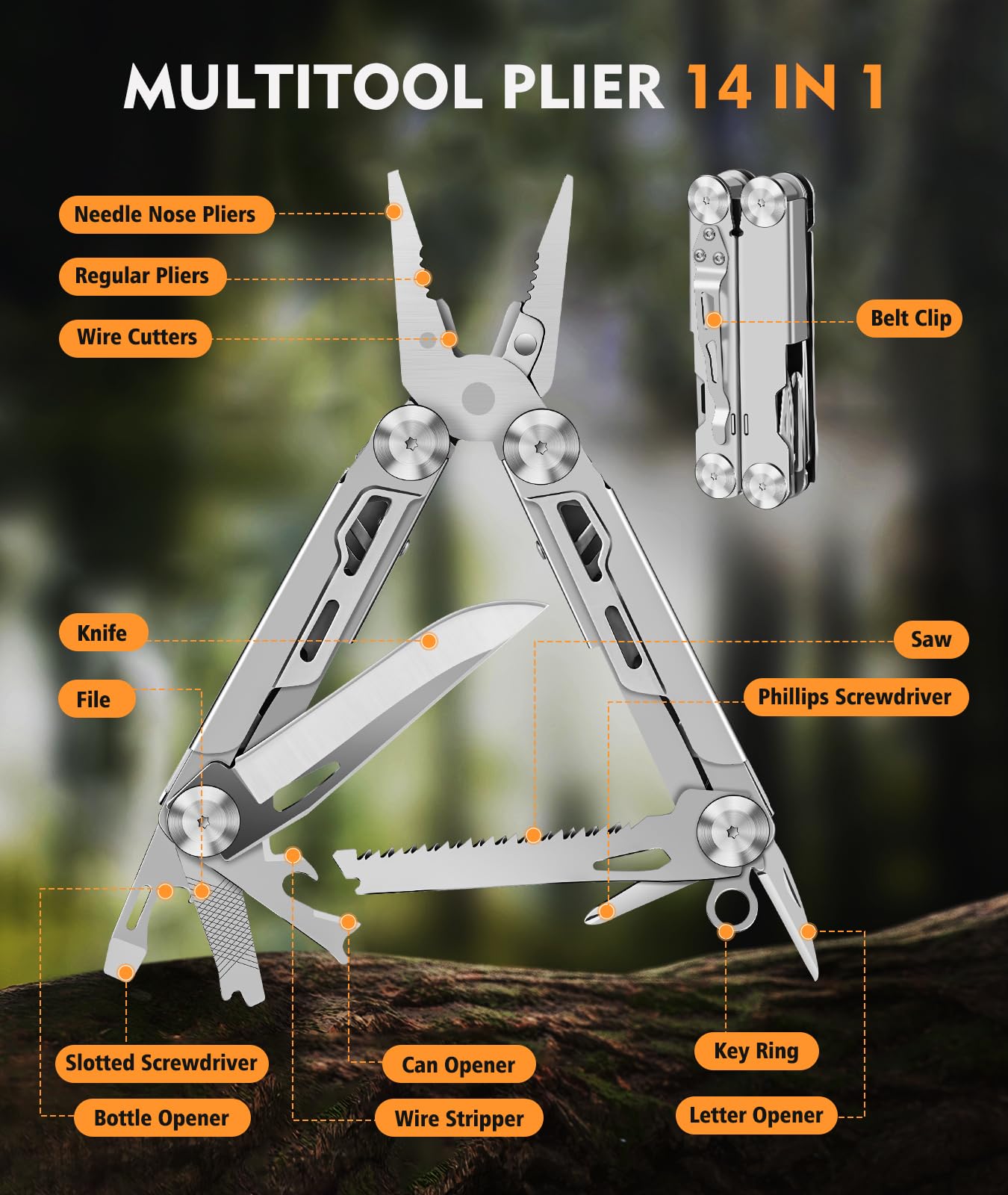 SUYIWEE Multitool, 14-in-1 Stainless Steel Foldable Multi Tool with Wire Cutter, Knife, Saw, Screwdrivers, Bottle/Can Opener, Multitools with Pocket Clip for EDC, Camping, Hiking, Repairing