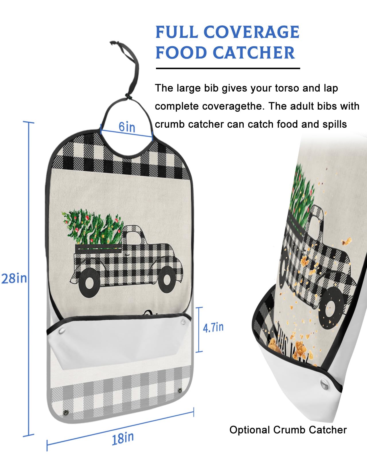 LEOKOTI Christmas Truck Adult Bibs for Eating, Waterproof Bibs with Food Catcher & Adjustable Snap Closure, Black White Plaid Xmas Tree Washable Clothing Protectors Adult Bibs for Elderly Women/Men