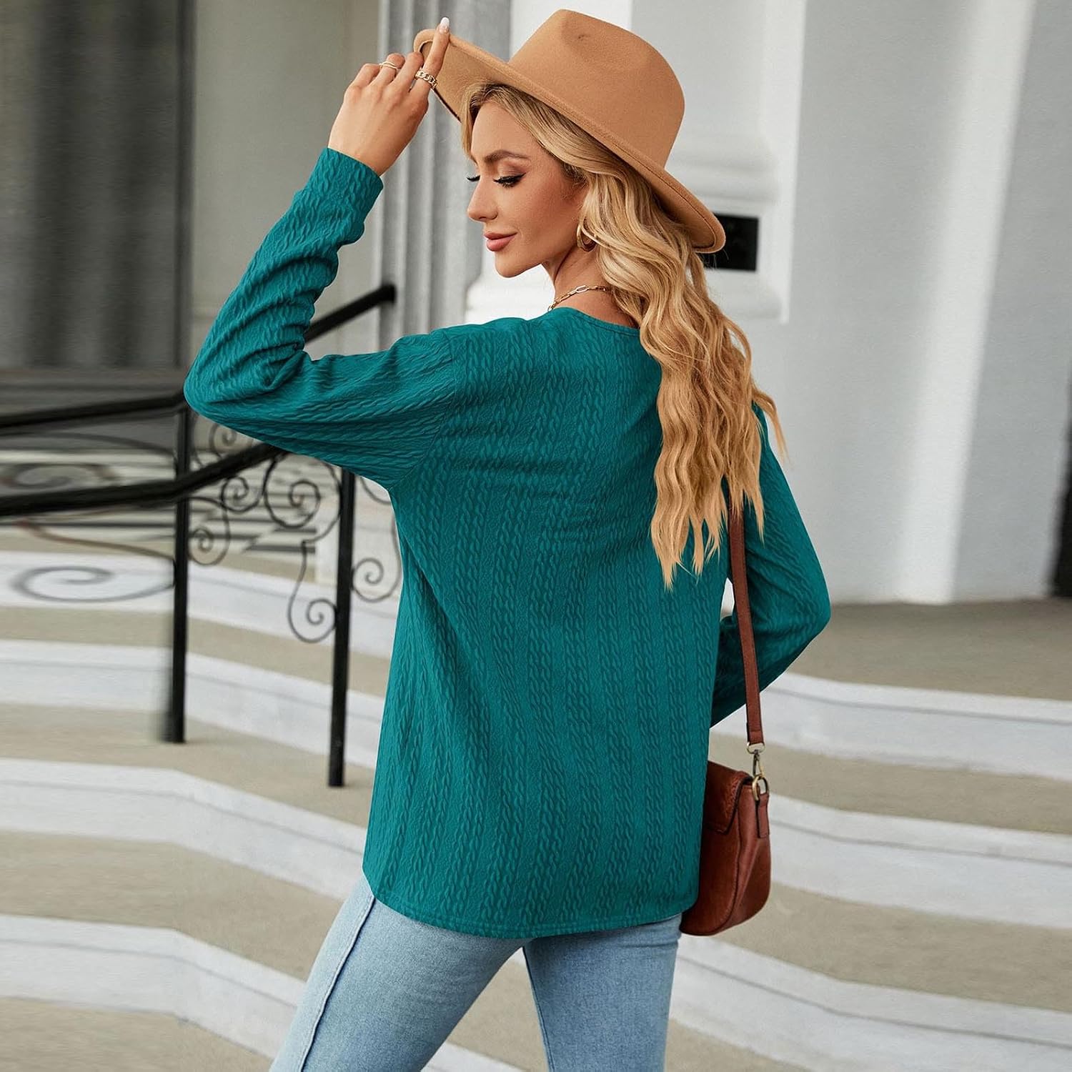 Women's V Neck Textured Pullover Top Long Sleeve Loose Layering Blouses Fall Winter Casual Lounge Comfy Sweatshirt