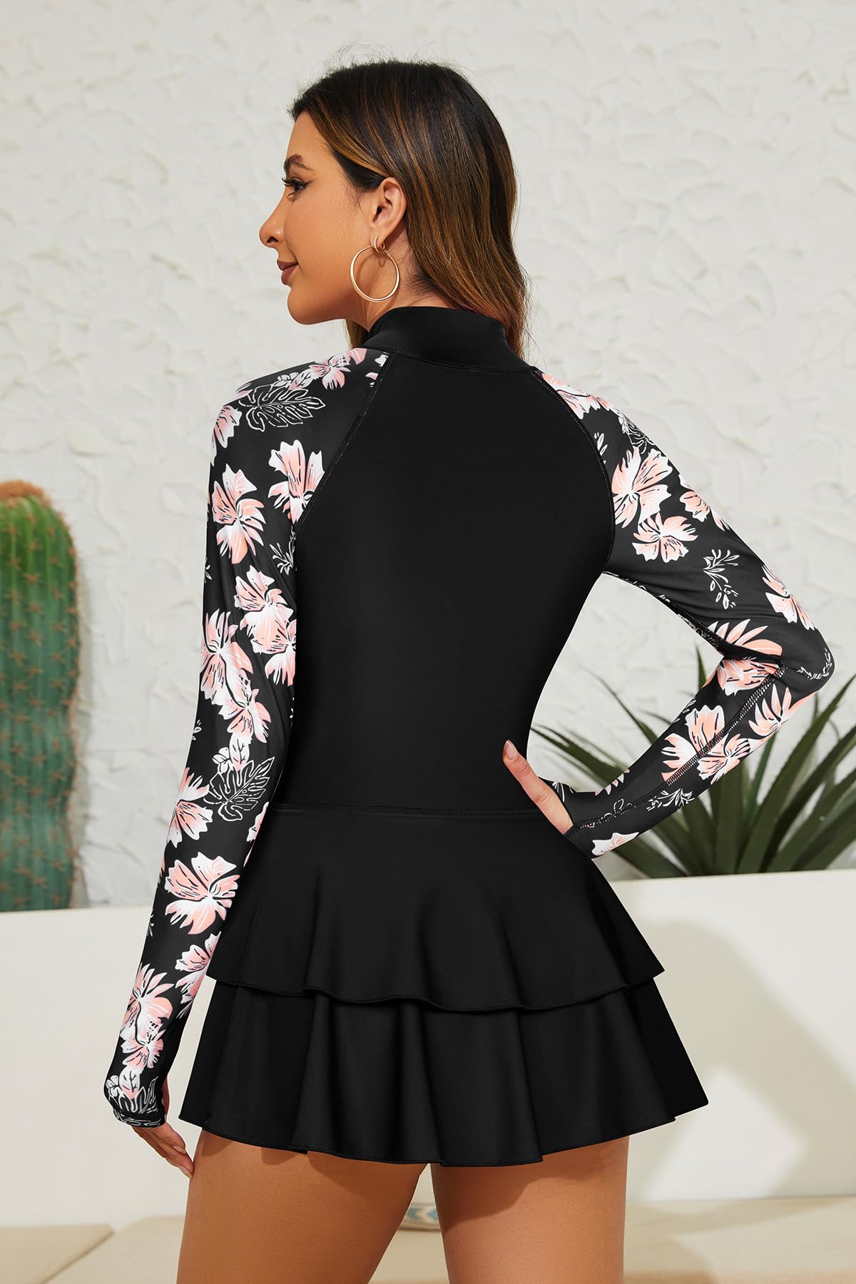 SHEKINI Rash Guard Manches Longues Femme Robe de Bain Une Pièce avec Zippers Up Maillot de Bain avec Jupette Surf Imprimé Florale Plage
