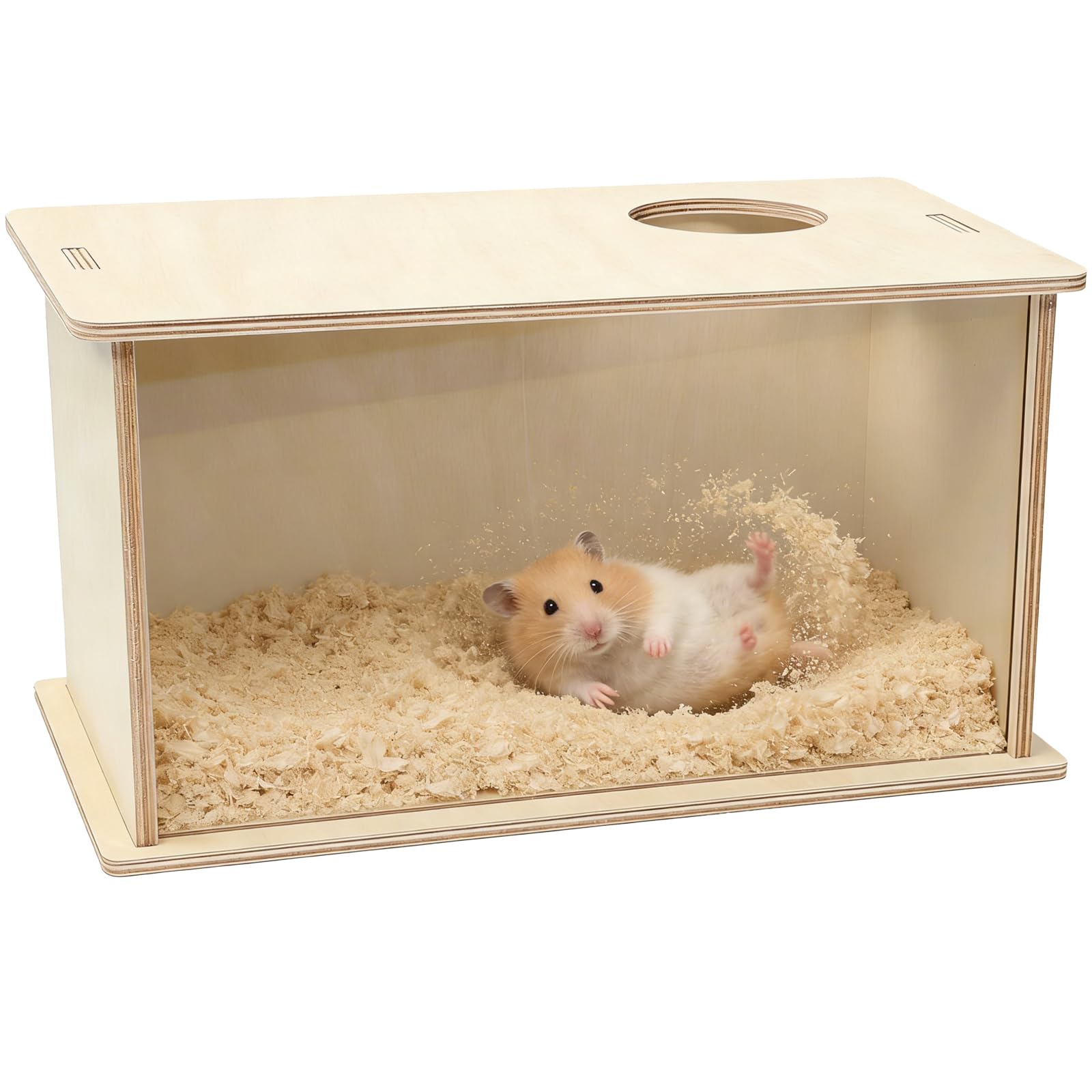 Itoyx Hamster Sand Bath Box, Wooden Small Animals Digging Sand Box, Large Size Visible Hamster Digging Box, with Transparent Acrylic Panel, 11 x 6.3 x 7.1 in, Easy to Clean, for Syrian Hamsters