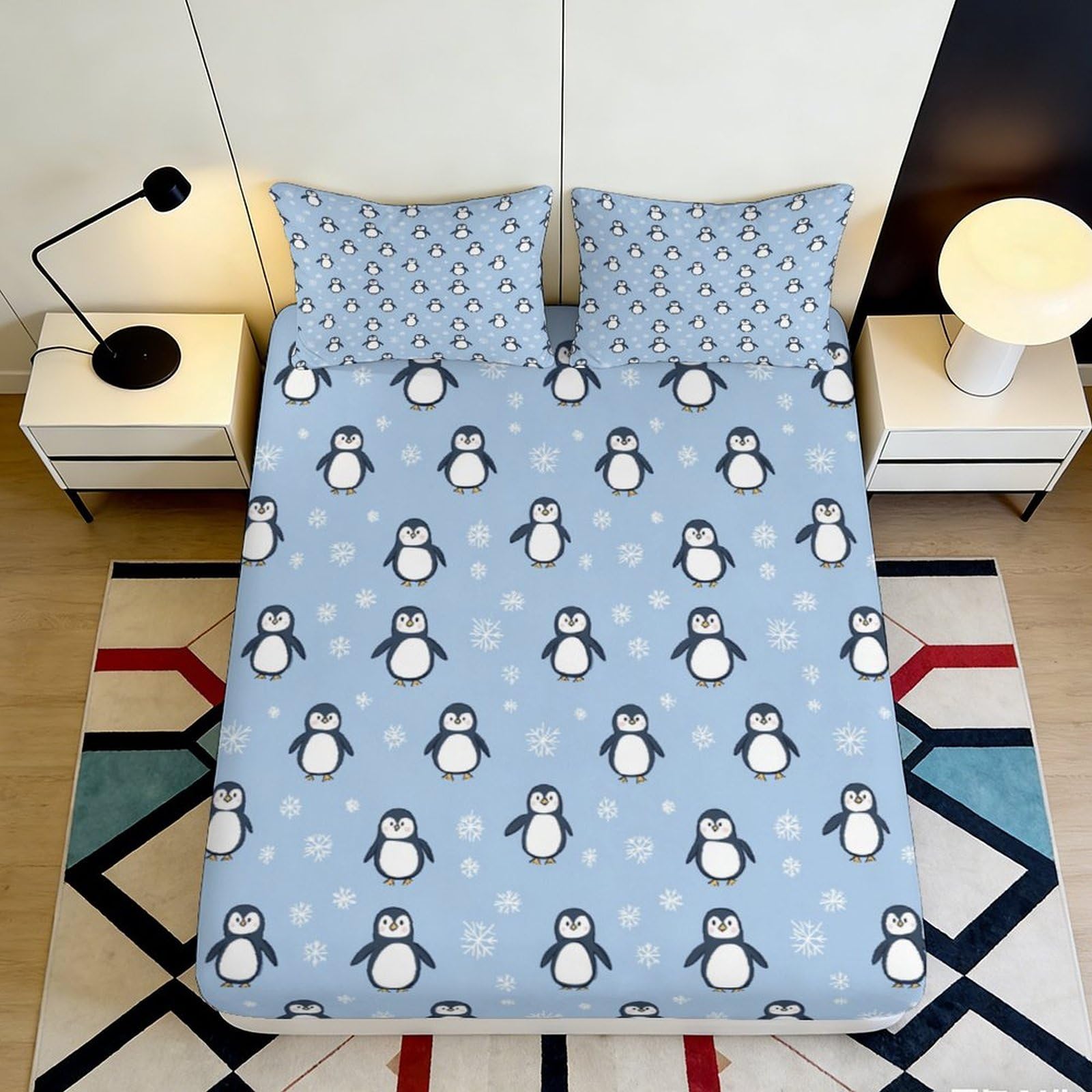 3D Printed Penguin Pattern Fitted Sheet Microfiber Soft Breathable Snowflake Bed Cover for Bedroom Dormitory Guest Room Mattress Protection Decor 120x200x25cm