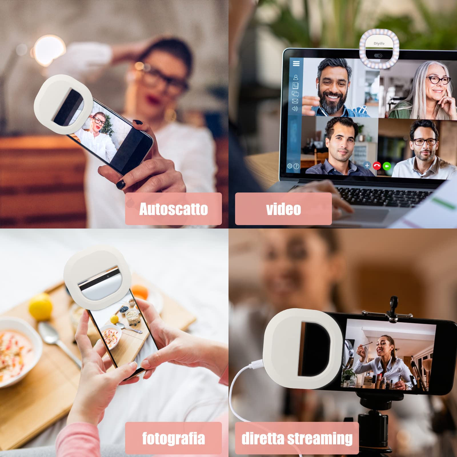 Diyife Selfie Ring Light 60 LED Ricaricabile 5 Livelli di Luminosità con Cavo USB per YouTube TikTok Smartphone