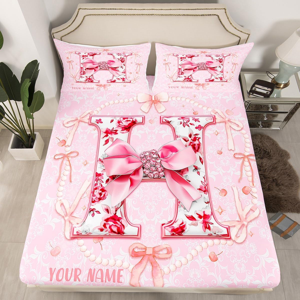 Erosebridal Personalized 3D Initial Letter H Fitted Sheet Queen with Unique Bow Design Coquette Pink Bow Bed Sheets Aesthetic Bowknot Cute Preppy Bedding Set Flower Floral Monogrammed Sheets(H)