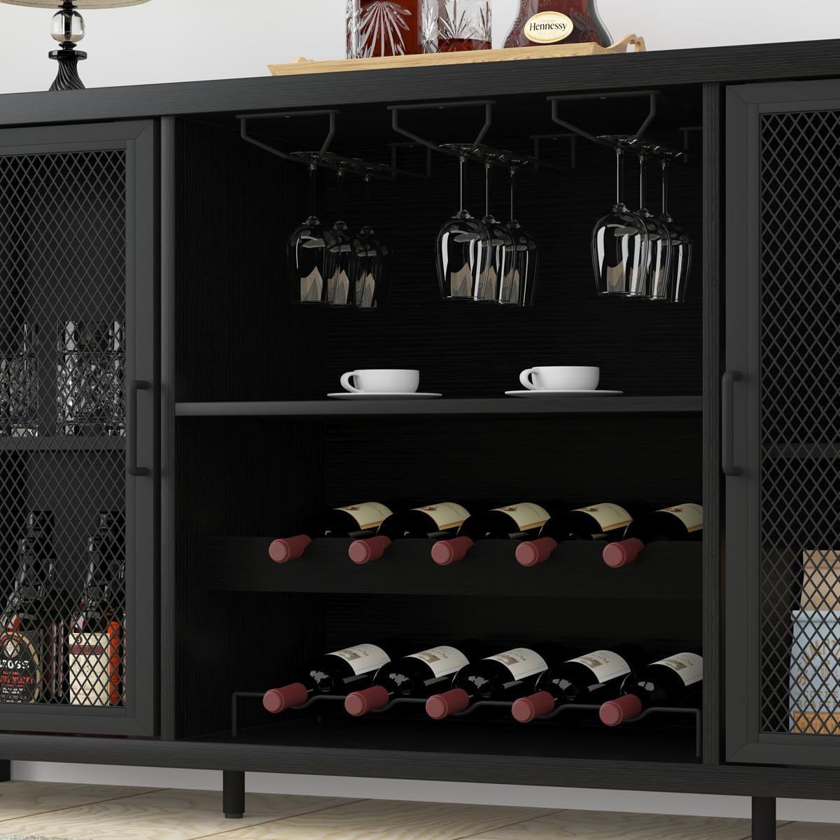 HSH Kücheschrank Mit Stauraum Farmhouse Buffetschränke Küche Mit Regal Für Spirituosen Kaffee Industriell Sideboard Für Zuhause Wohnen Esszimmer Weinschrank Schwarz 140 cm