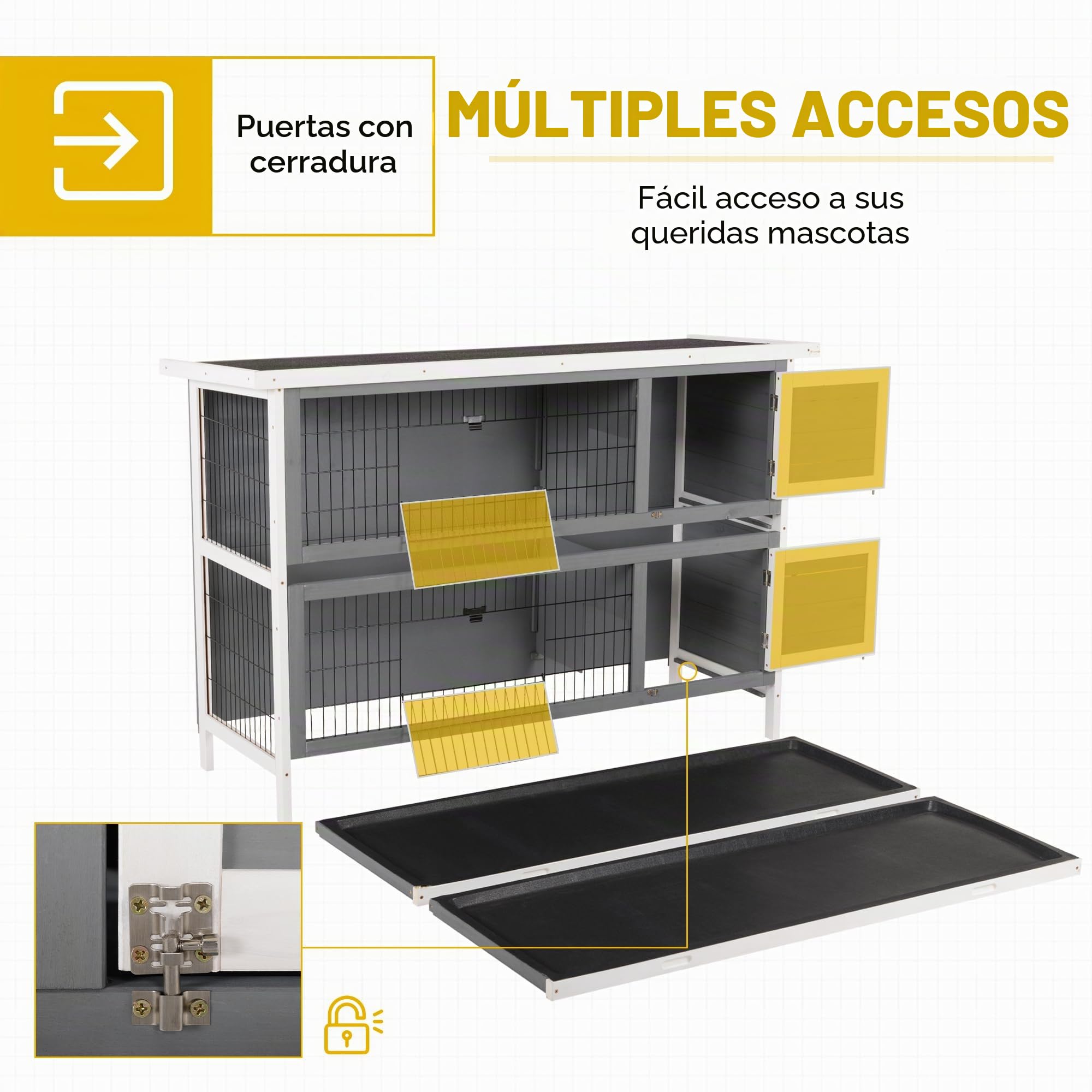 PawHut conejera 2 Niveles conejera de Madera Maciza a Prueba de Invierno casa de Dos Pisos con bandejas en el Suelo 136,4 x 50 x 93 cm Jaula para Conejos conejera para Animales pequeños Conejos de