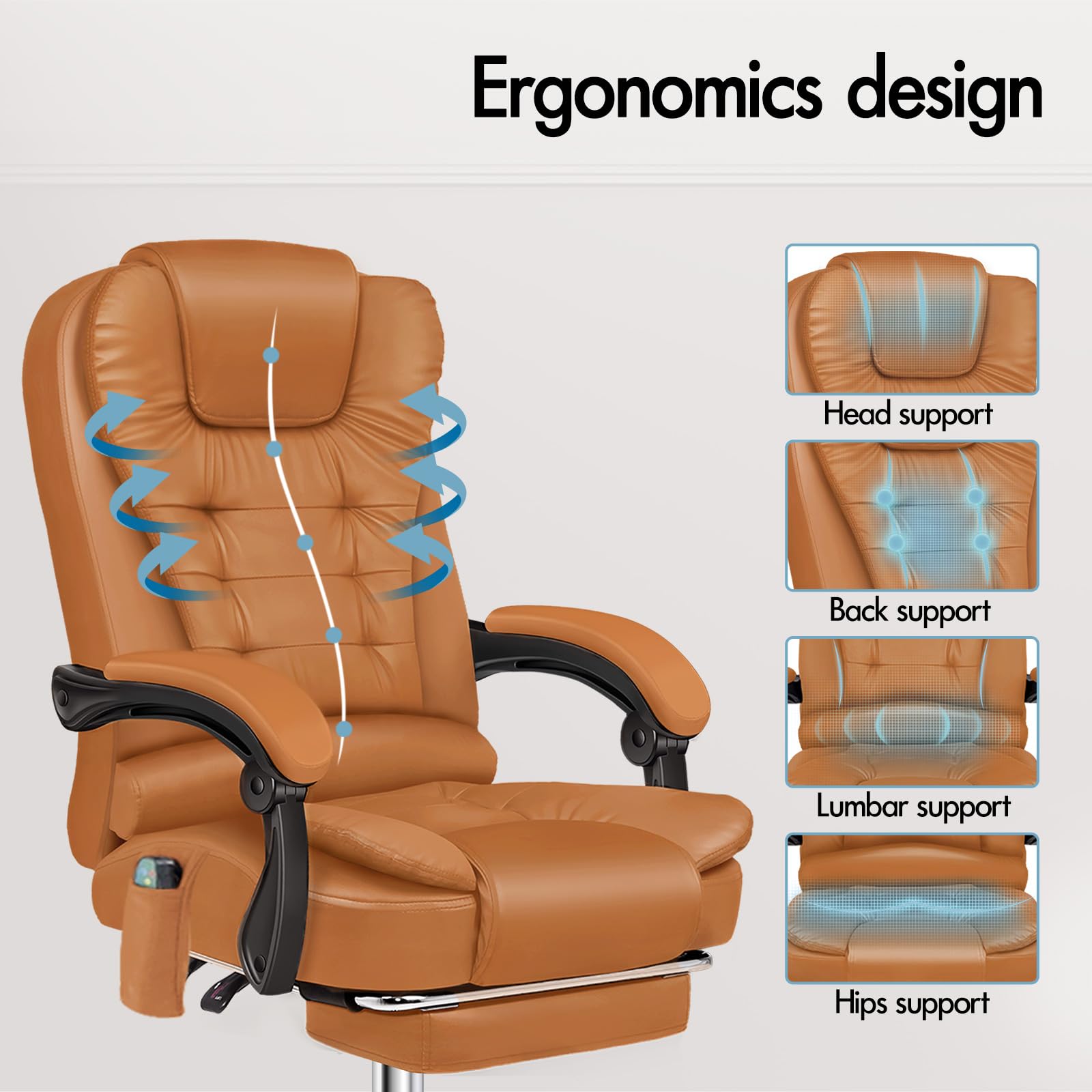 ALFORDSON Ergonomiczne krzesło biurowe, z funkcją masażu cieplnego, ze skóry PU, krzesło komputerowe z wyściełanymi podłokietnikami i miękkim zagłówkiem, krzesło obrotowe z kółkami, brązowe
