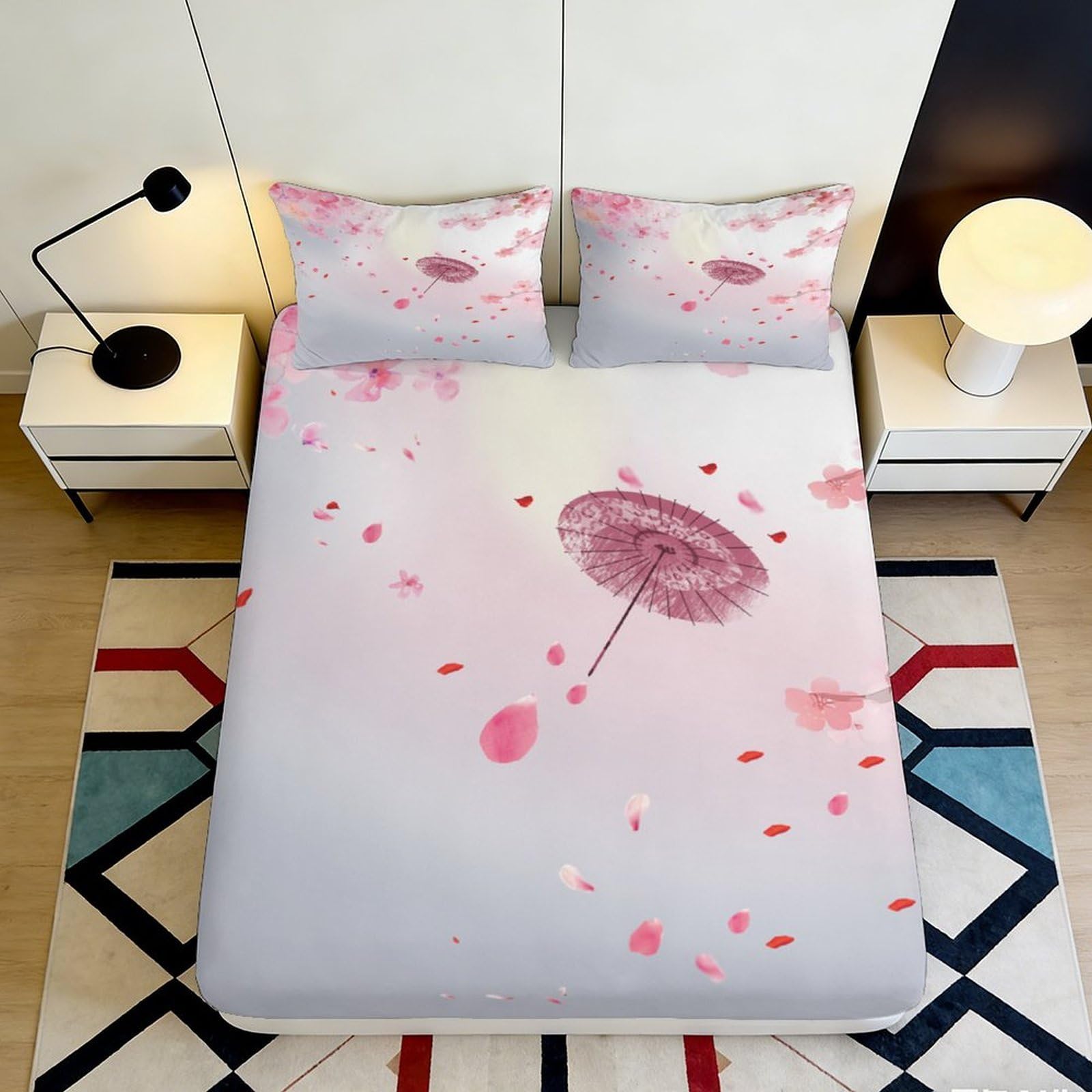 3D Printed Sakura Umbrella Fitted Sheet Microfiber Soft Mattress Cover Pink Petals for Bedroom Guest Room Decor 180x200x25cm